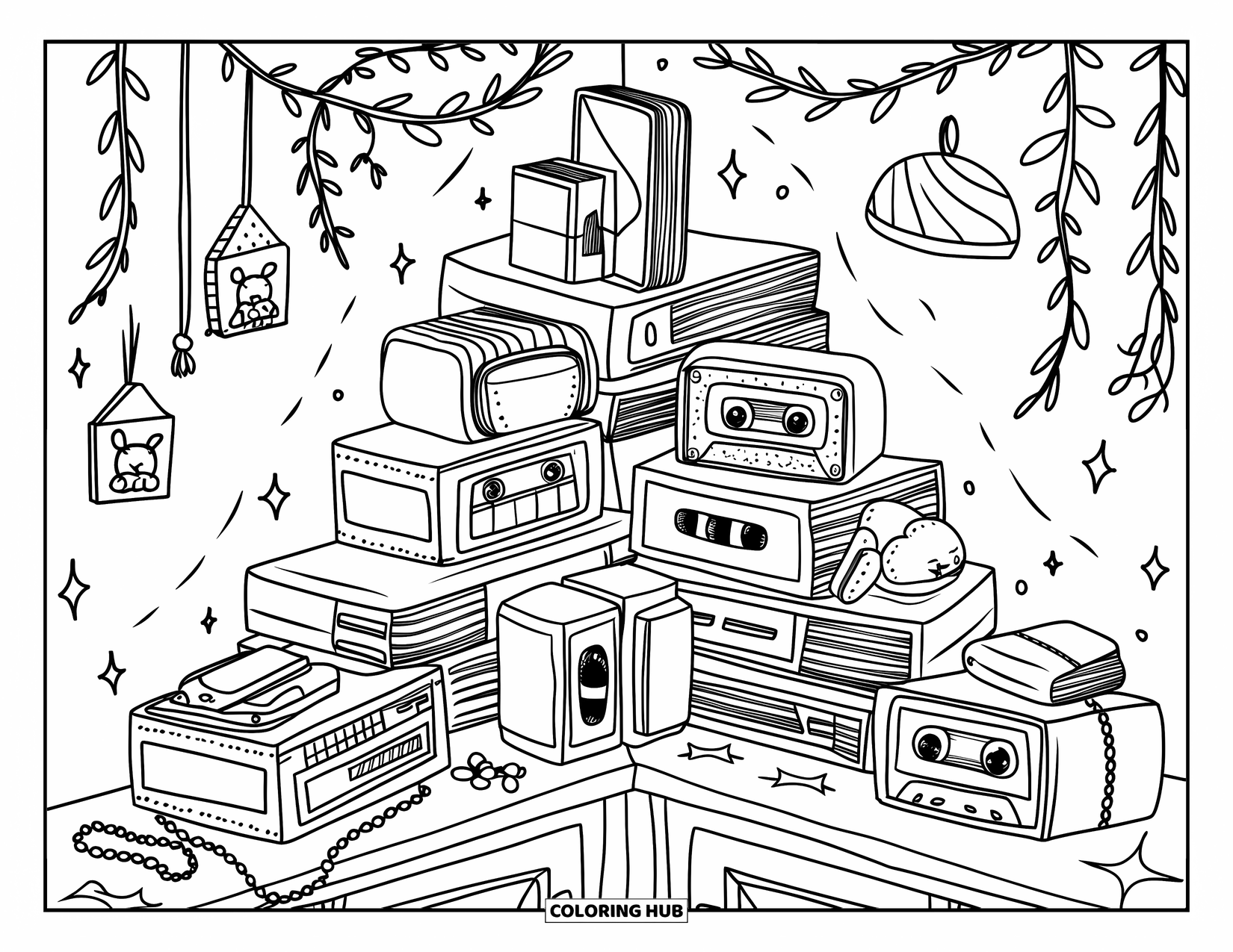 Y2K Coloring Page for Adults: Cozy corner shelf filled with Y2K treasures like albums, charm boxes, and a digital pet