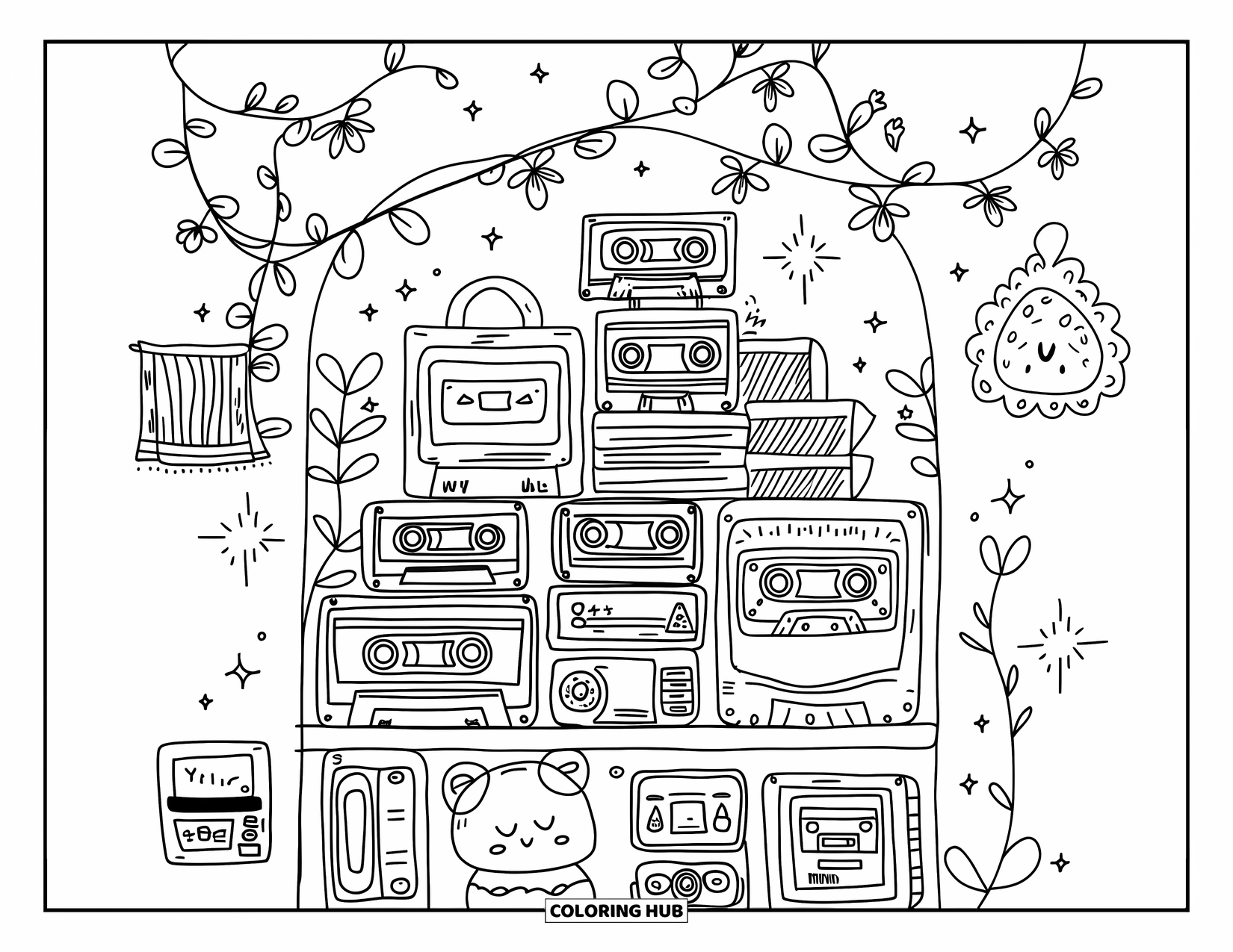 Y2K Coloring Page for Adults: Cozy shelf with photo albums, charm boxes, cassette players, and a snoozing digital pet