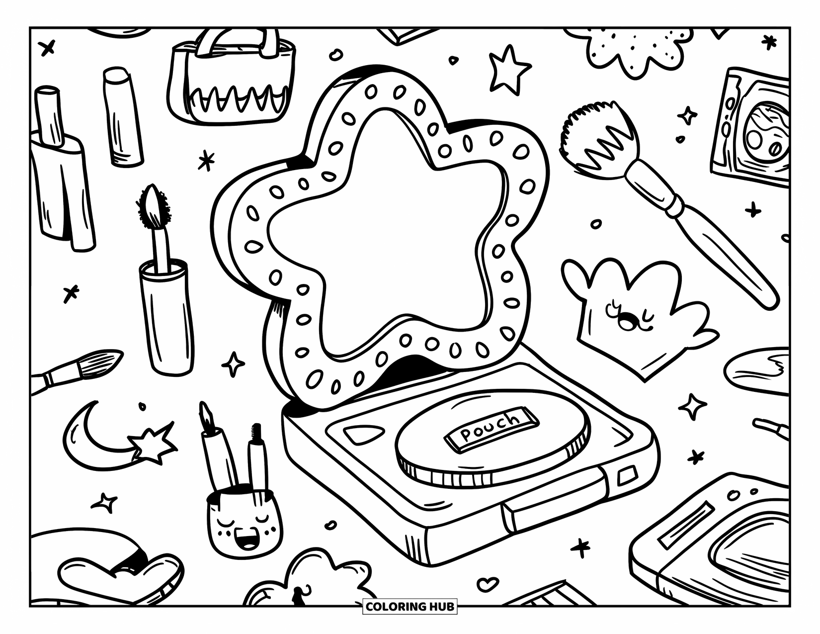 Y2K Coloring Page for Adults: Cute vanity setup with star mirror, gloss, mini purses, and angel-wing CD player