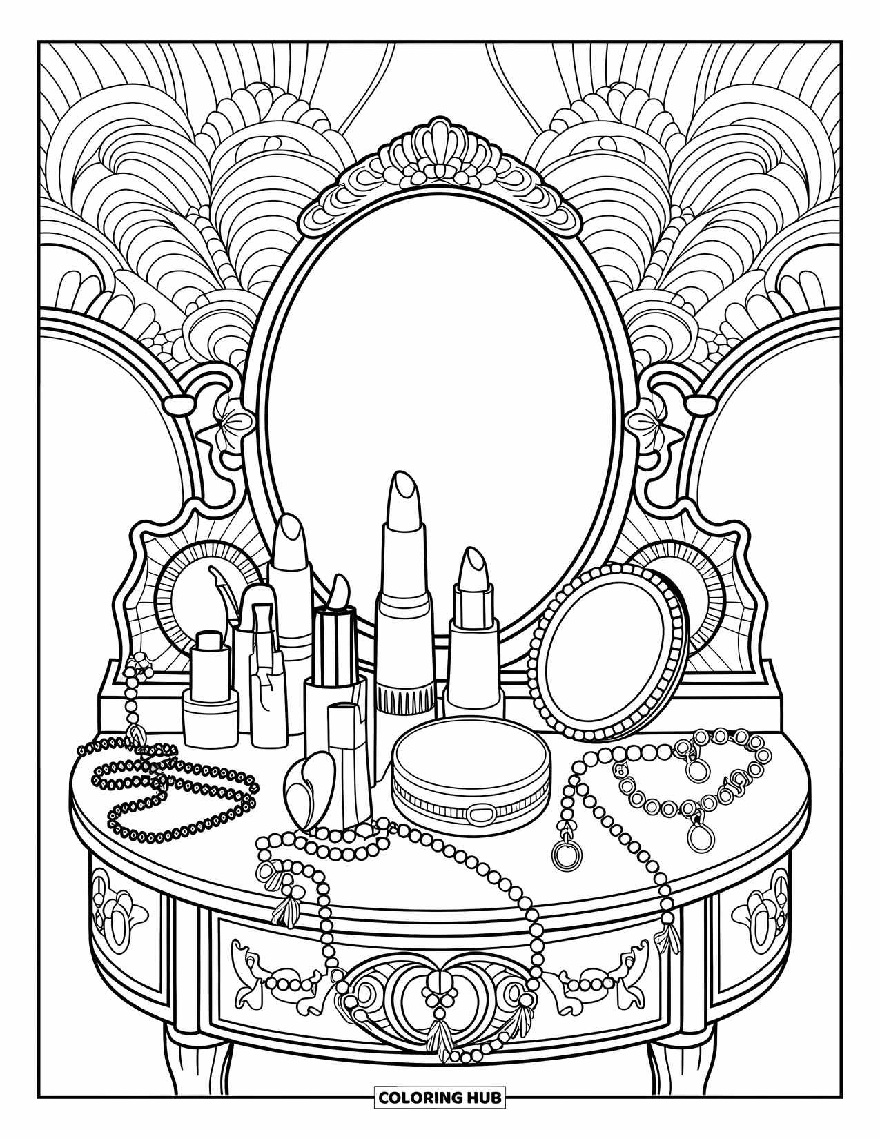 Y2K Coloring Page for Adults: Detailed vanity with mirrors, chokers, and lipstick, surrounded by floral decorative borders
