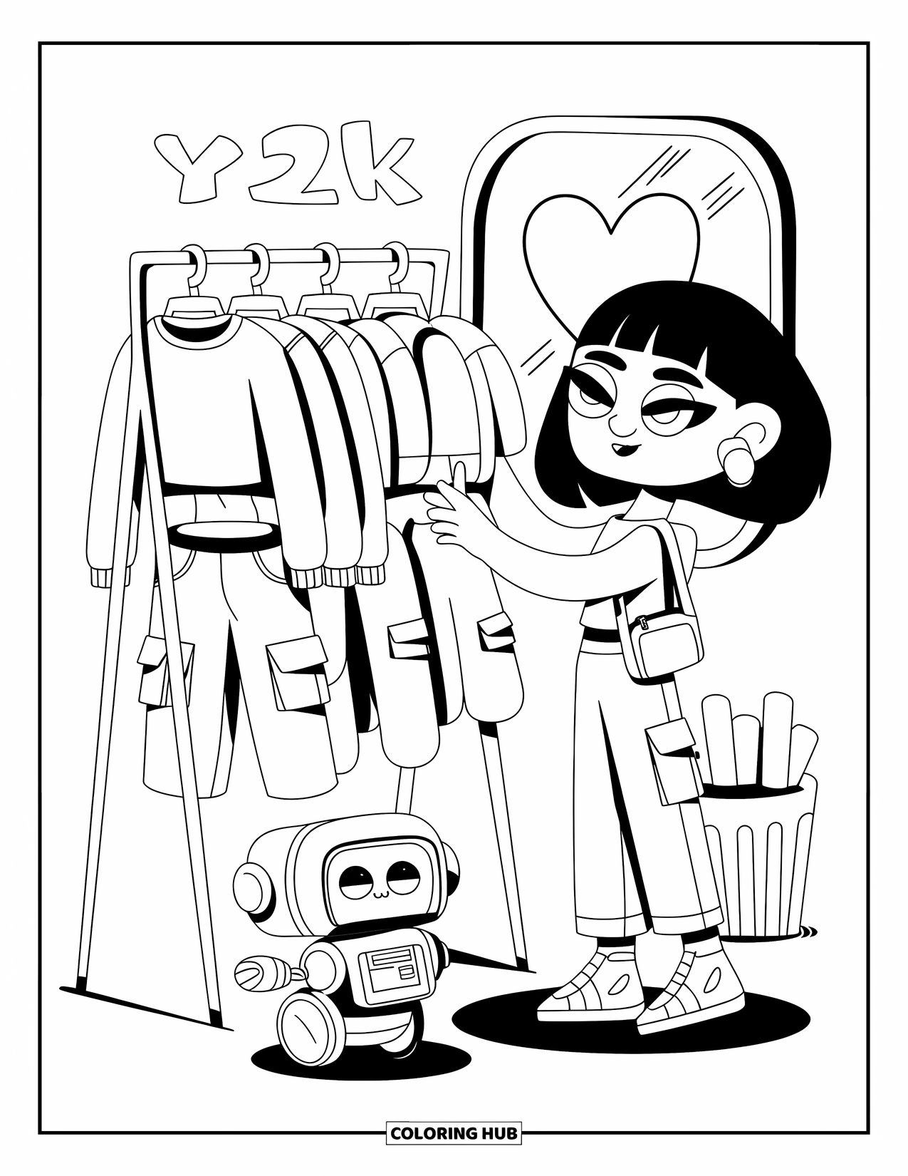 Y2K Coloring Page for Adults: Fashion-loving chibi browses crop tops and cargo pants beside a glowing heart mirror