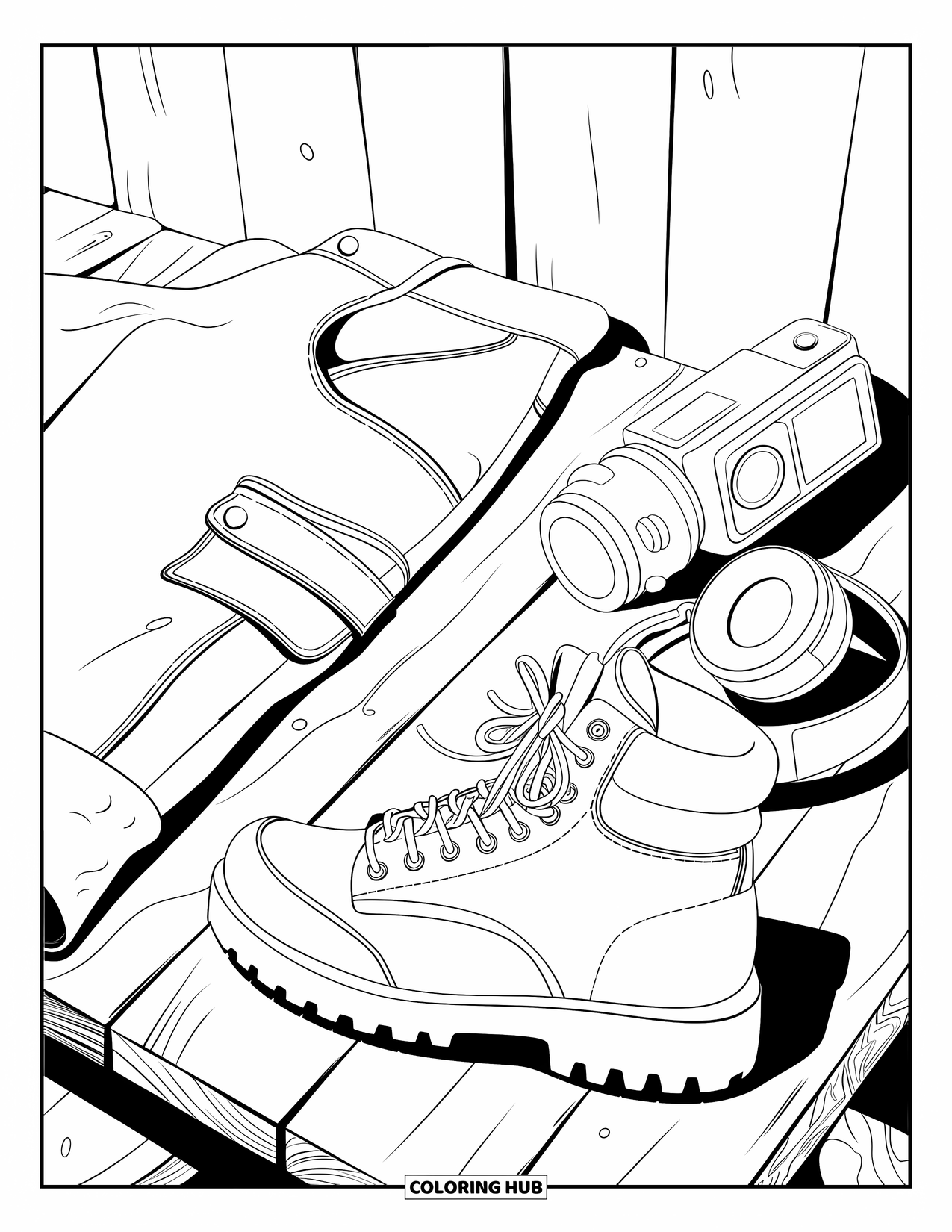 Y2K Coloring Page for Adults: Flatlay of streetwear gear on wood: cargo pants, cyber boots, camcorder, and headphones