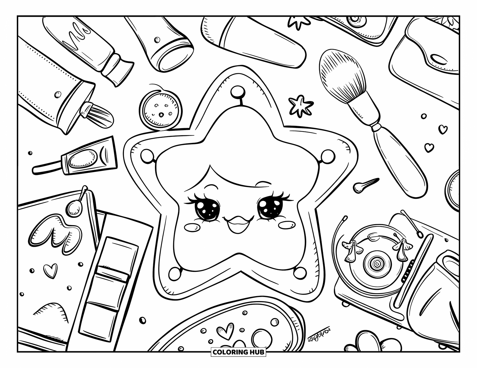 Y2K Coloring Page for Adults: Kawaii accessories surround a star-shaped mirror with playful, cute, and cozy doodle style