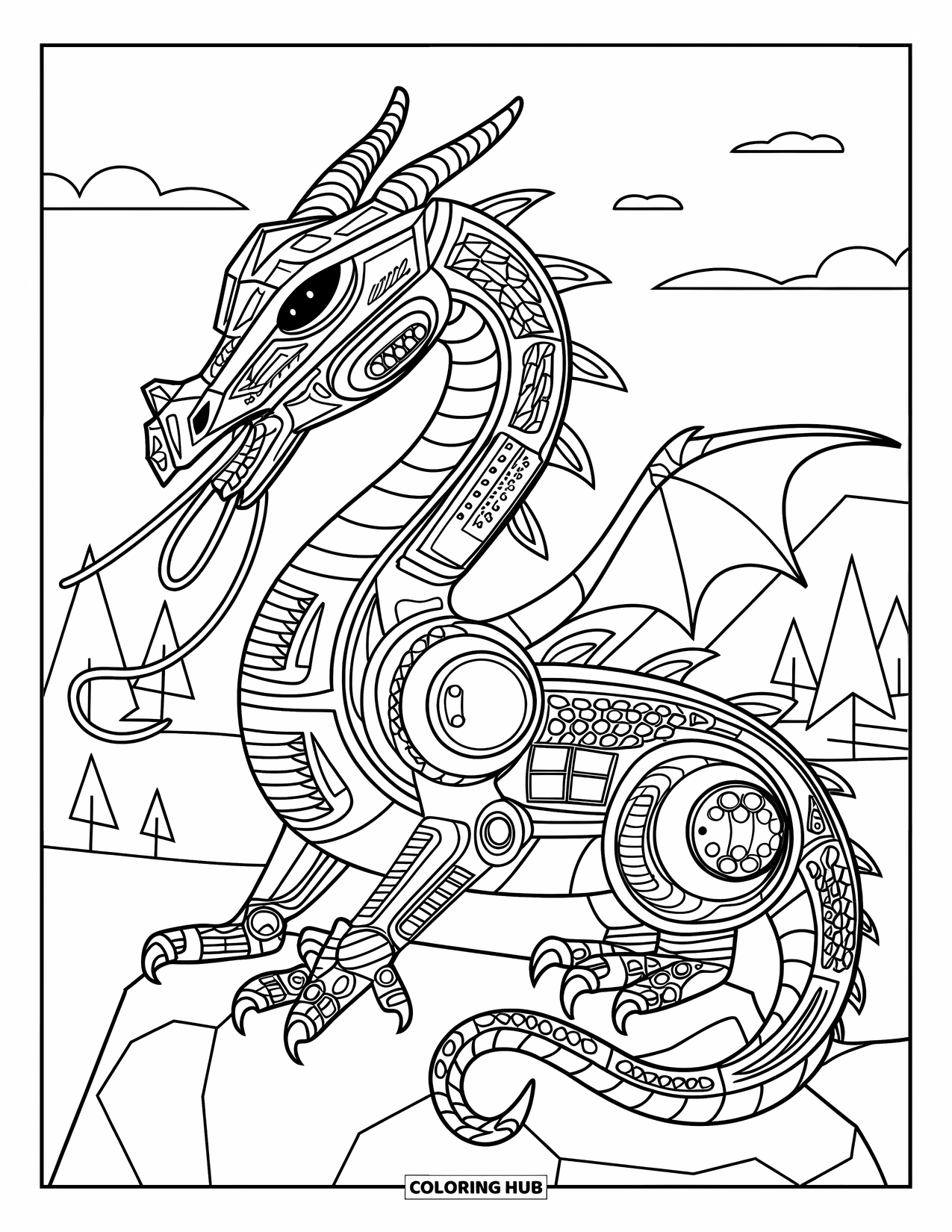 Y2K Coloring Page for Adults: Mechanical dragon with game console parts rests in nature, surrounded by trees and mountains