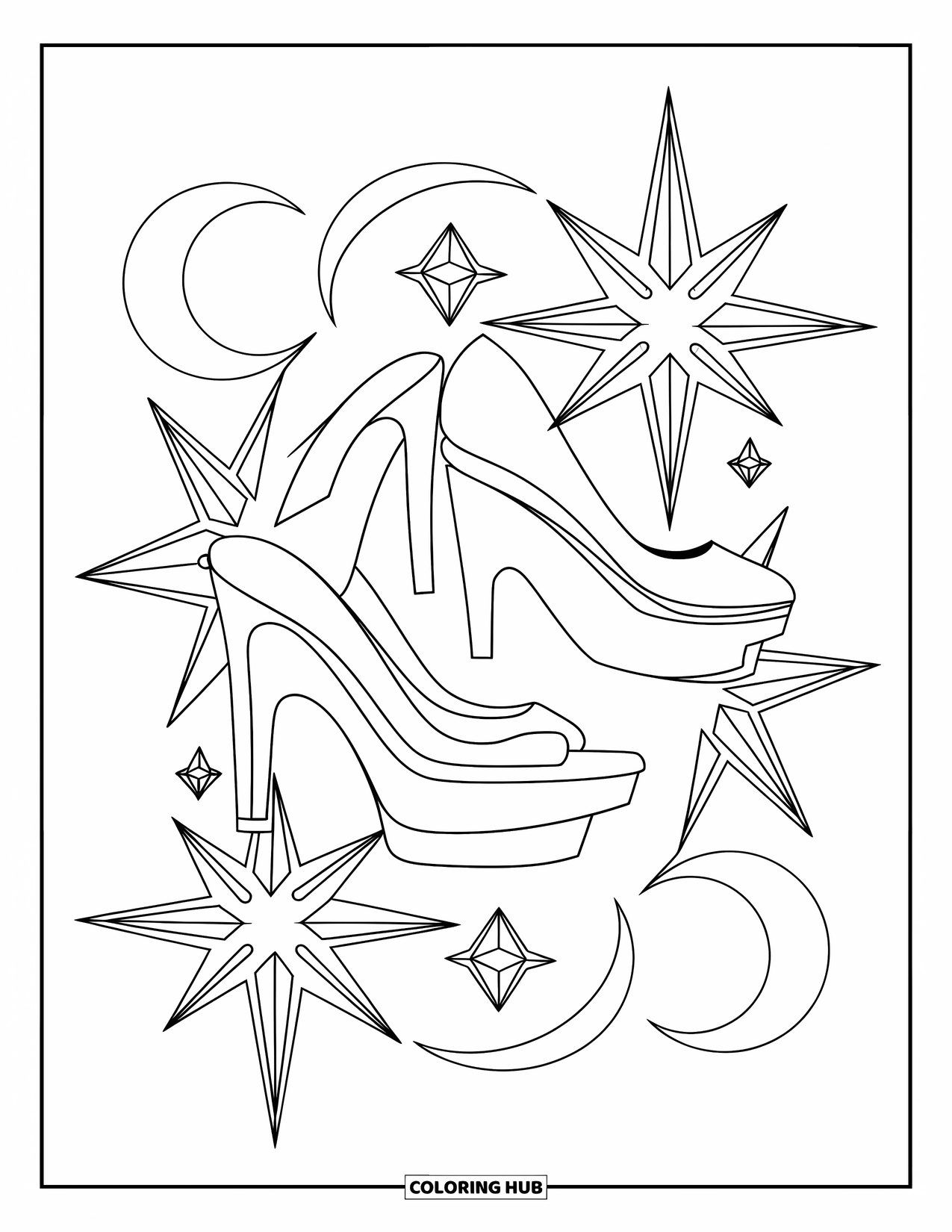 Y2K Coloring Page for Adults: Playful collage of heels, crescent moons, and crystal-like stars in a fun design