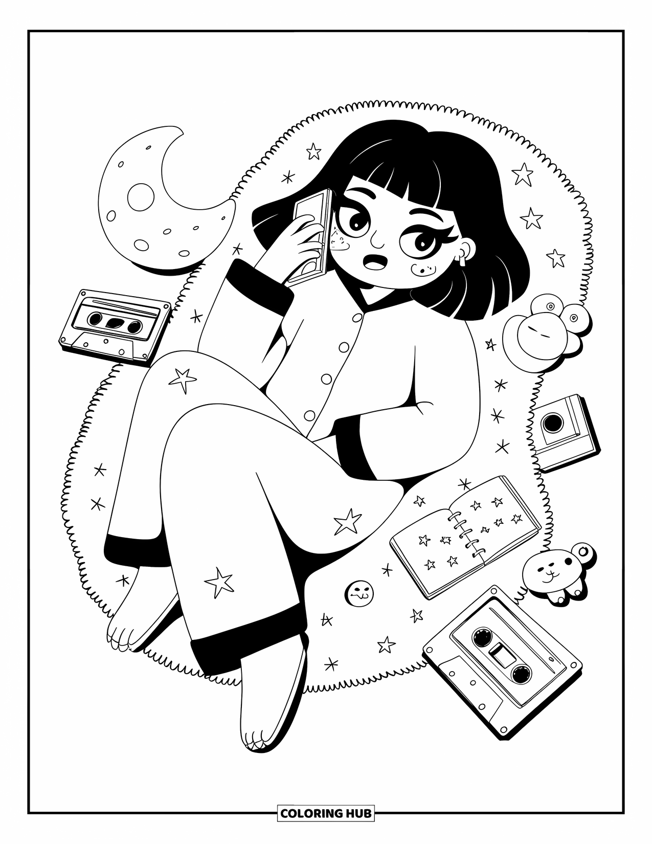 Y2K Coloring Page for Adults: Relaxed chibi chats on a flip phone while doodling, surrounded by plushies and tapes
