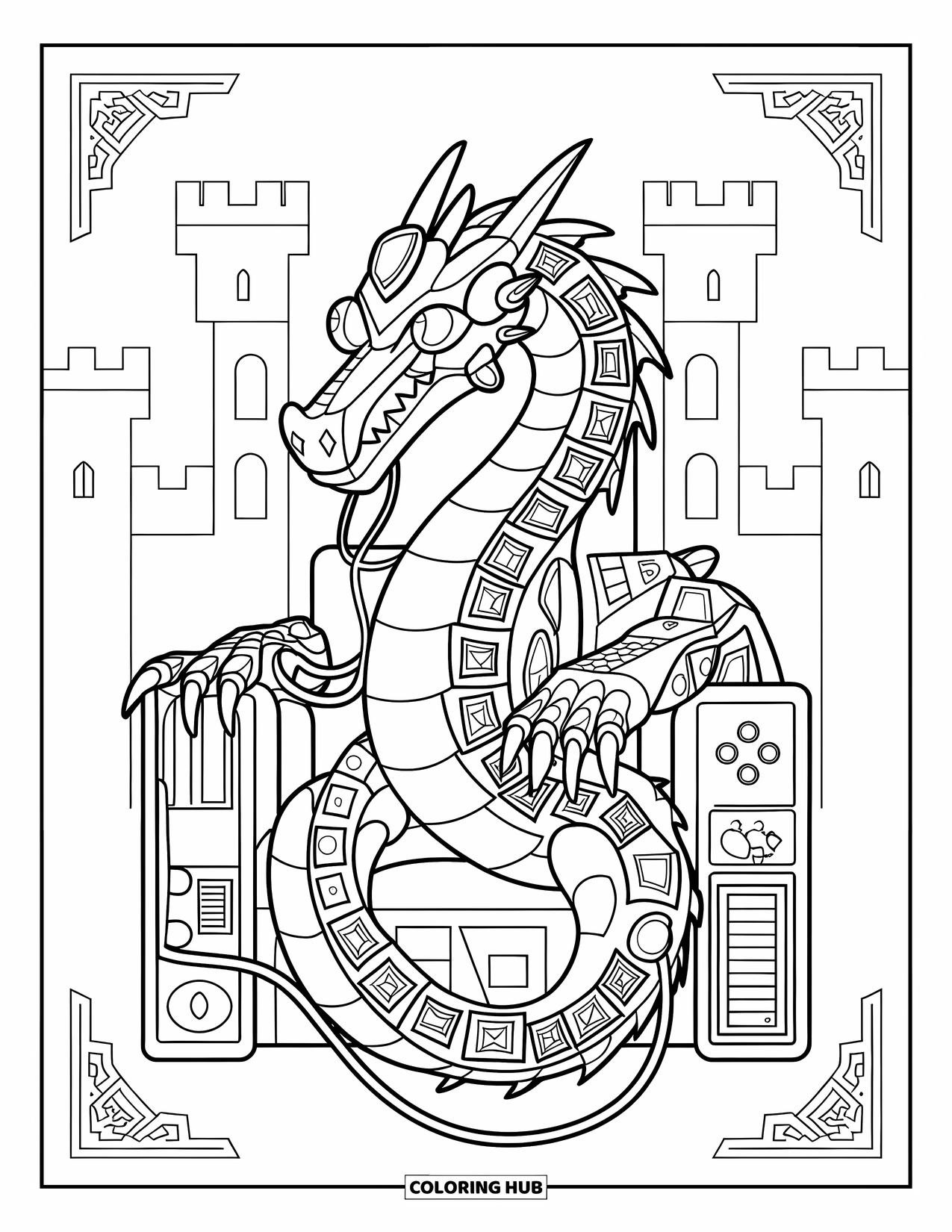 Y2K Coloring Page for Adults: Robotic dragon built from game consoles sits on a controller throne in a castle setting