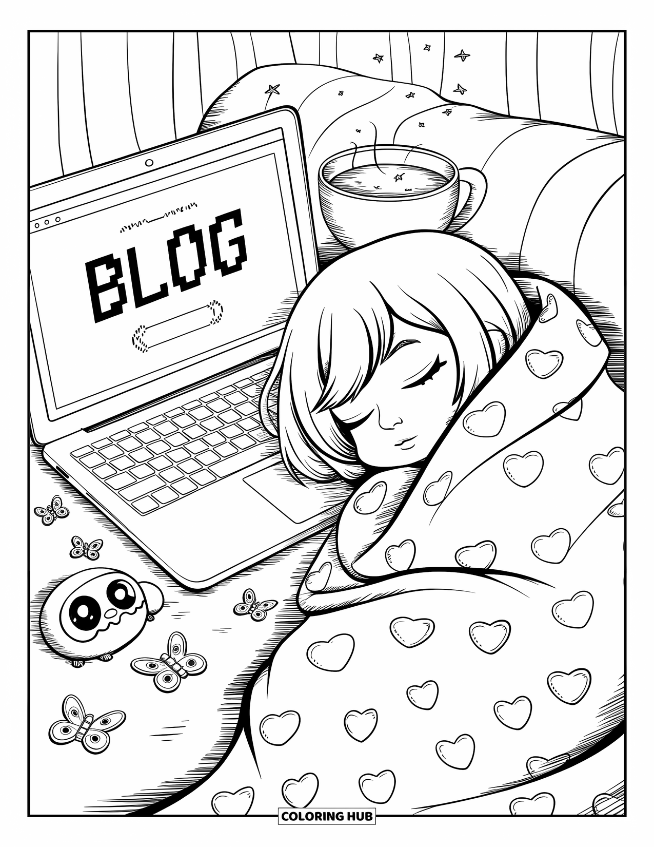 Y2K Coloring Page for Adults: Sleepy chibi teen rests with a laptop blog, butterfly clips, and a blinking digital pet