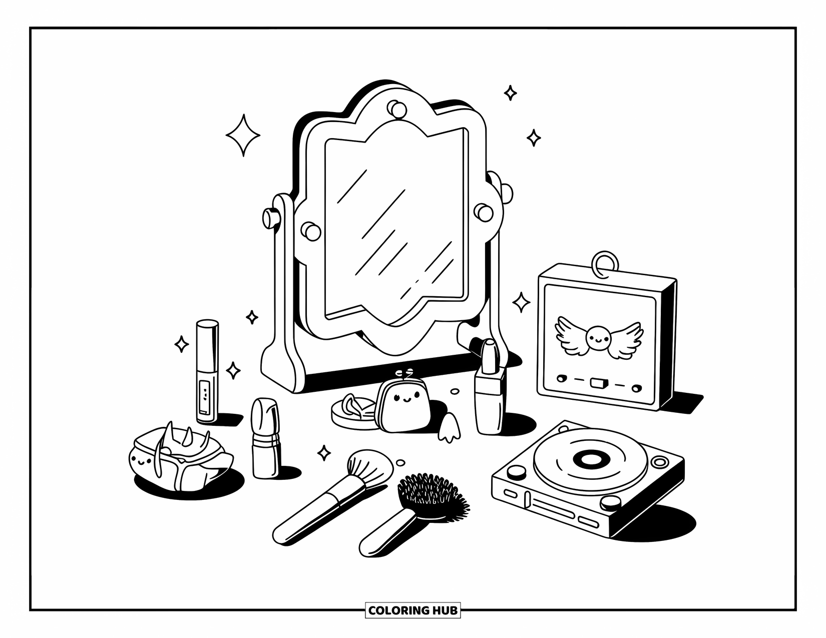 Y2K Coloring Page for Adults: Star mirror scene filled with cute accessories like a moon brush and angel-wing CD player