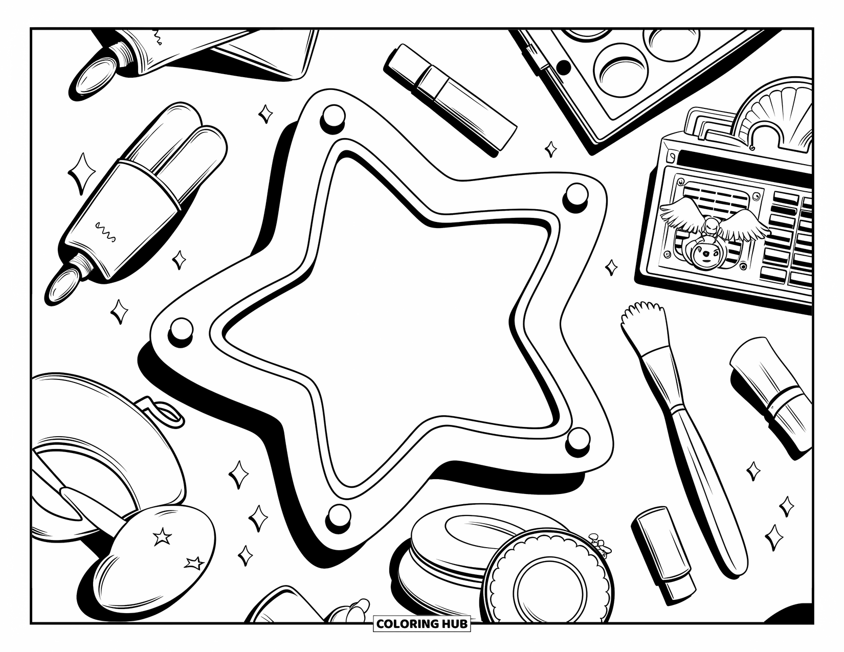 Y2K Coloring Page for Adults: Star-shaped mirror surrounded by lip gloss, purses, a moon brush, and angel-wing CD player