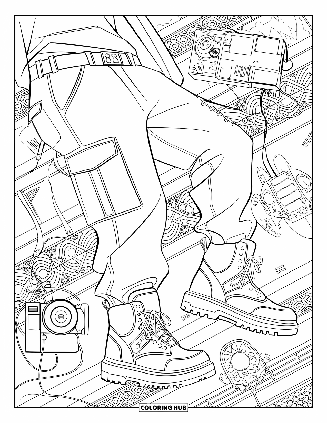 Y2K Coloring Page for Adults: Streetwear flatlay with cargo pants, boots, headphones, and camcorder on a brick wall