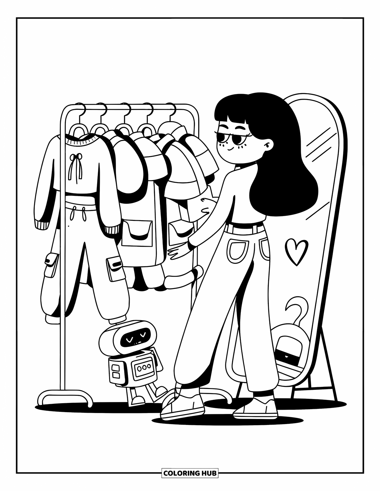 Y2K Coloring Page for Adults: Stylish chibi explores Y2K clothes while a robot pet watches and a heart mirror glows
