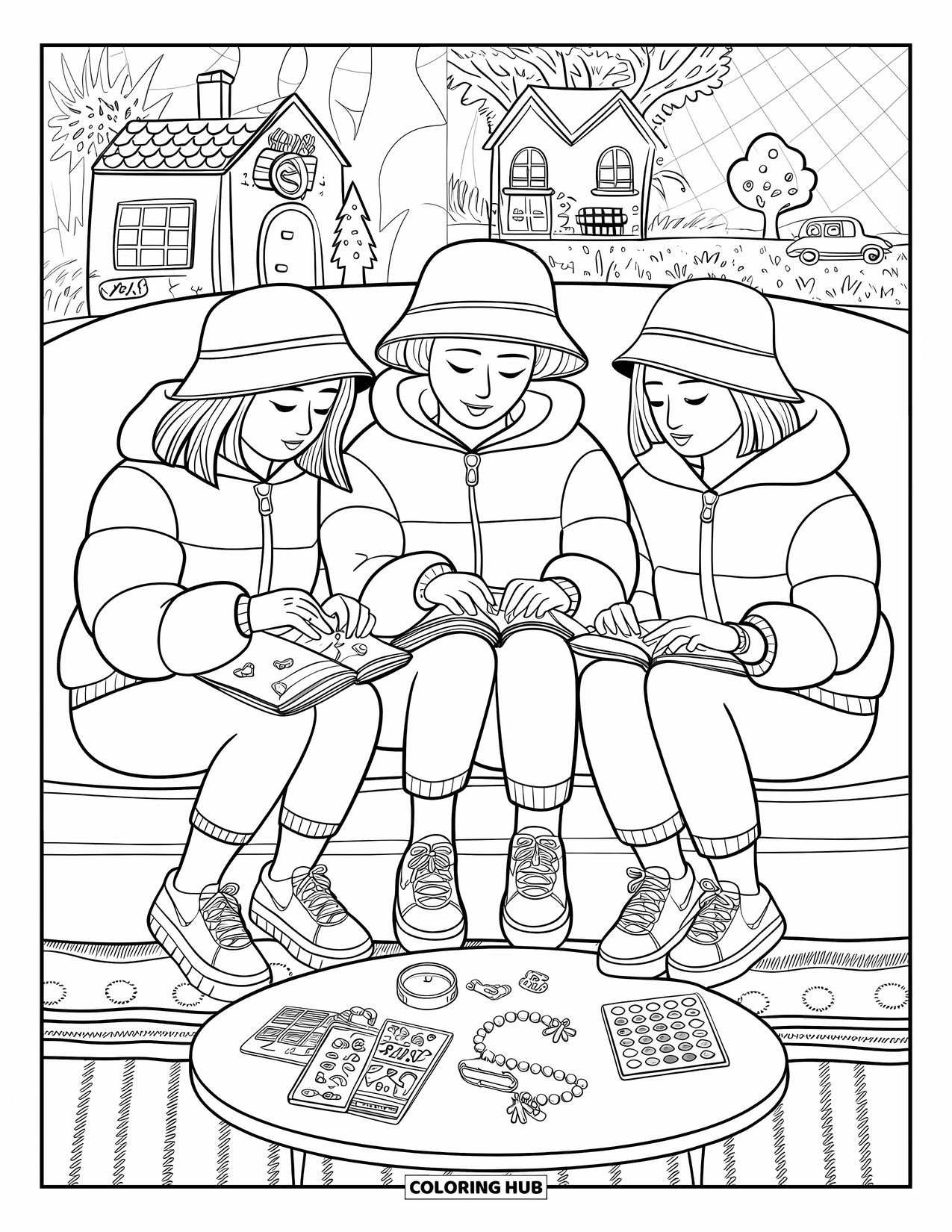 Y2K Coloring Page for Adults: Three chibi friends craft journals at a charm-filled table in a cozy, decorated room