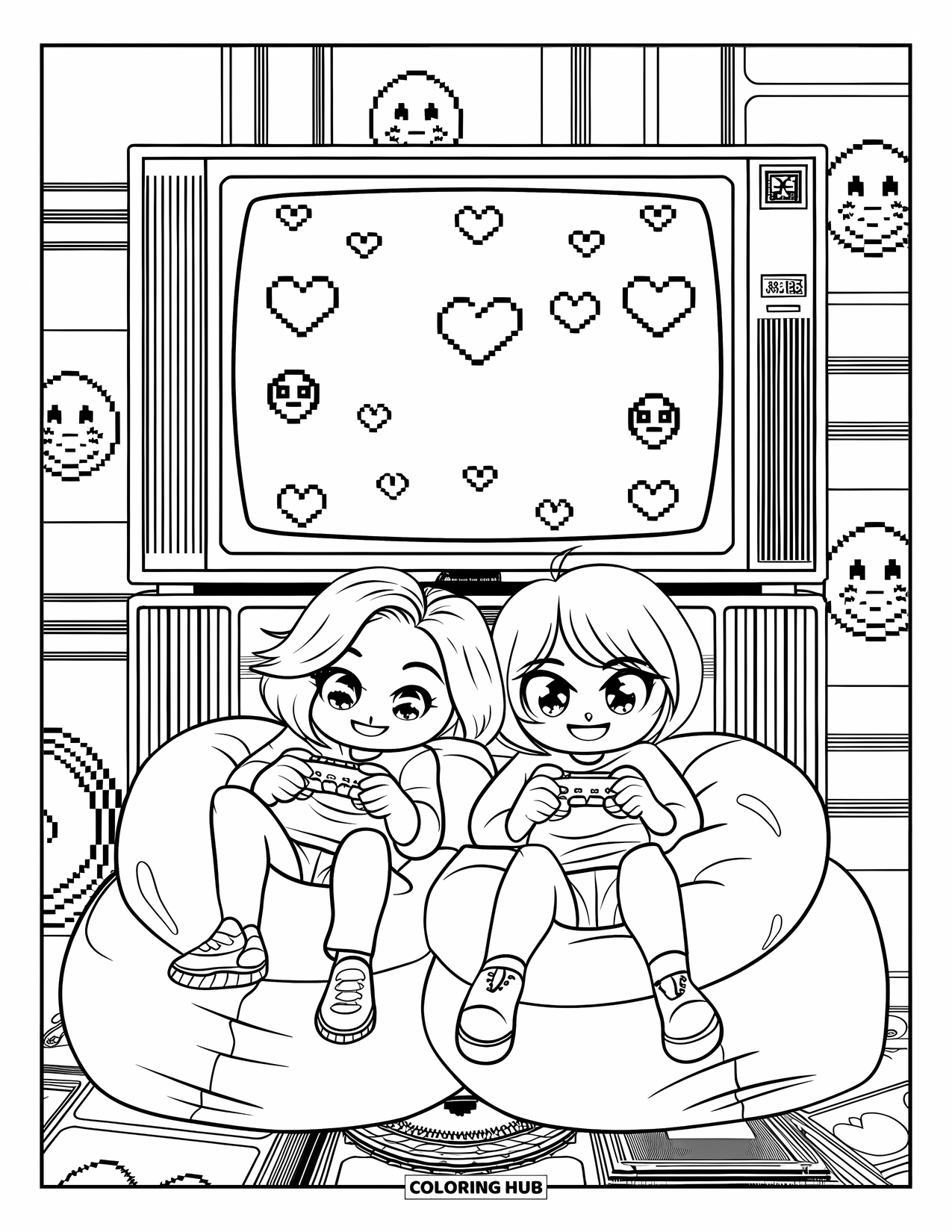 Y2K Coloring Page for Adults: Two best friends lounge on bean bags gaming together with pixel hearts on the TV