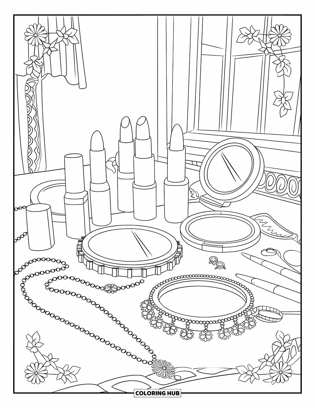 Y2K Coloring Page for Adults: Vanity scene with lipstick, chokers, and charms, framed by flowers and room details
