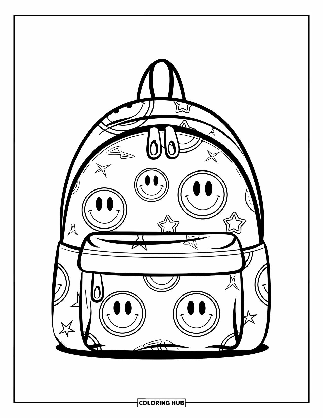 Y2K Coloring Page for Kids: Backpack covered in smiley faces and stars, hanging gently