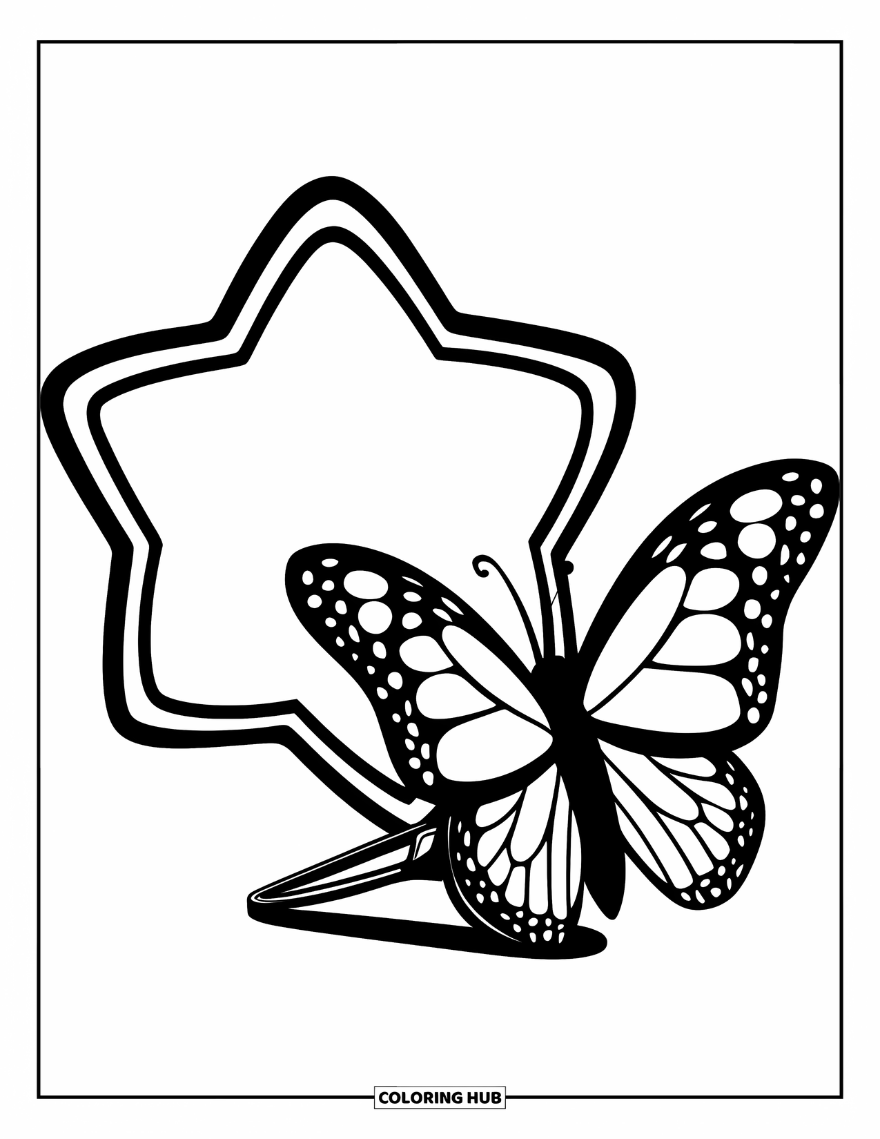Y2K Coloring Page for Kids: Butterfly clip beside a star mirror with clean shapes and playful charm