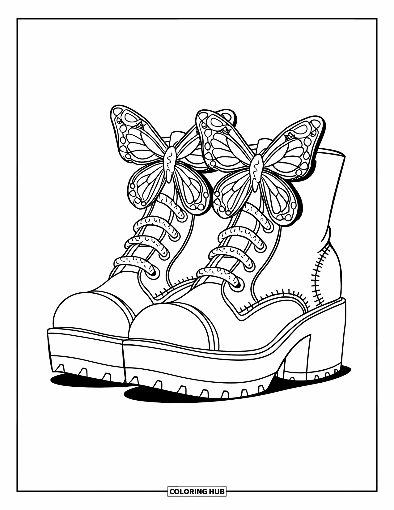 Y2K Coloring Page for Kids: Butterfly-laced shoes with round toes and tiny stitched edges