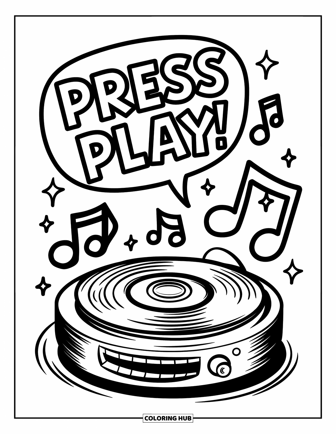Y2K Coloring Page for Kids: CD player with a round body and a "Press Play" bubble above floating music notes