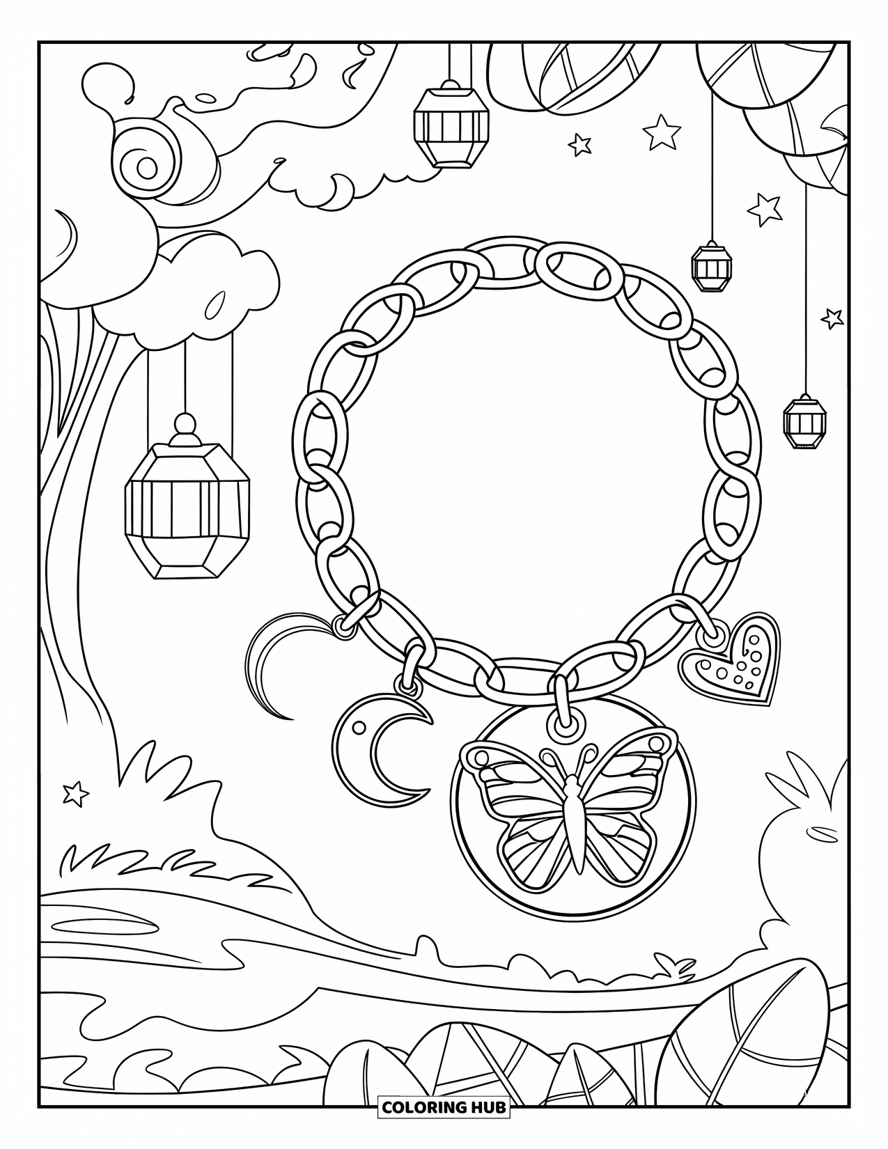 Y2K Coloring Page for Kids: Charm bracelet with butterfly, moon, and heart worn by a fairy in a glowing forest