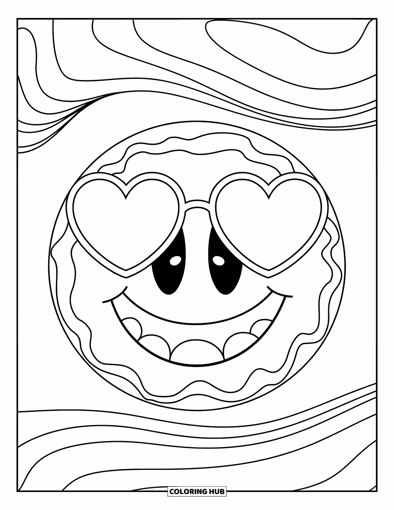 Y2K Coloring Page for Kids: Cheerful smiley with heart glasses, wavy swirls, and a heart-shaped mouth