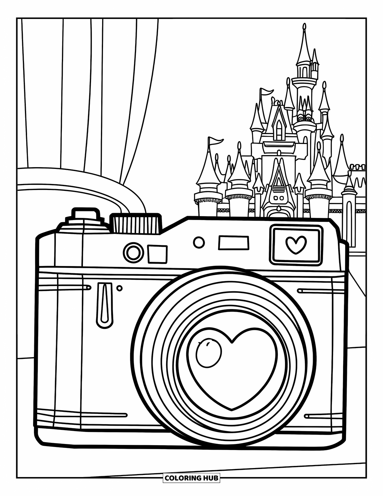 Y2K Coloring Page for Kids: Chunky camera with a heart lens sits in front of a dreamy castle scene