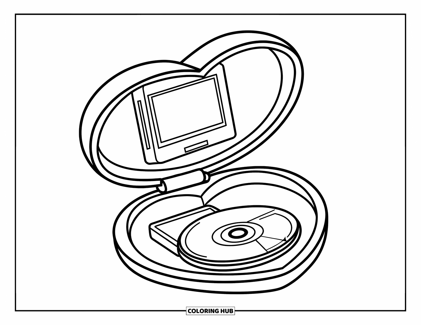 Y2K Coloring Page for Kids: Compact mirror with a heart shape and fun icons like a CD and flip phone