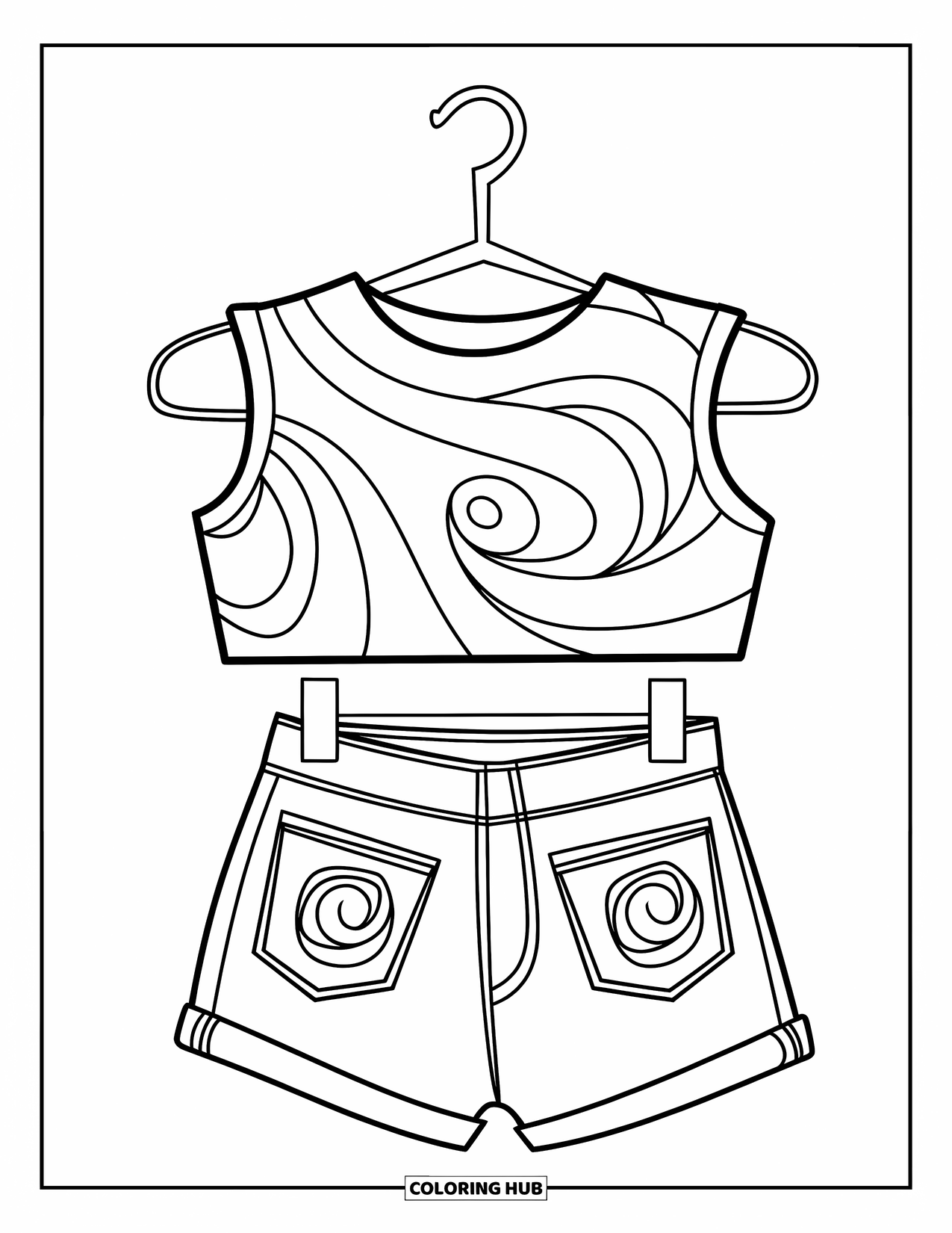 Y2K Coloring Page for Kids: Crop top and low-rise jeans with swirly designs rest on a hanger on the ground