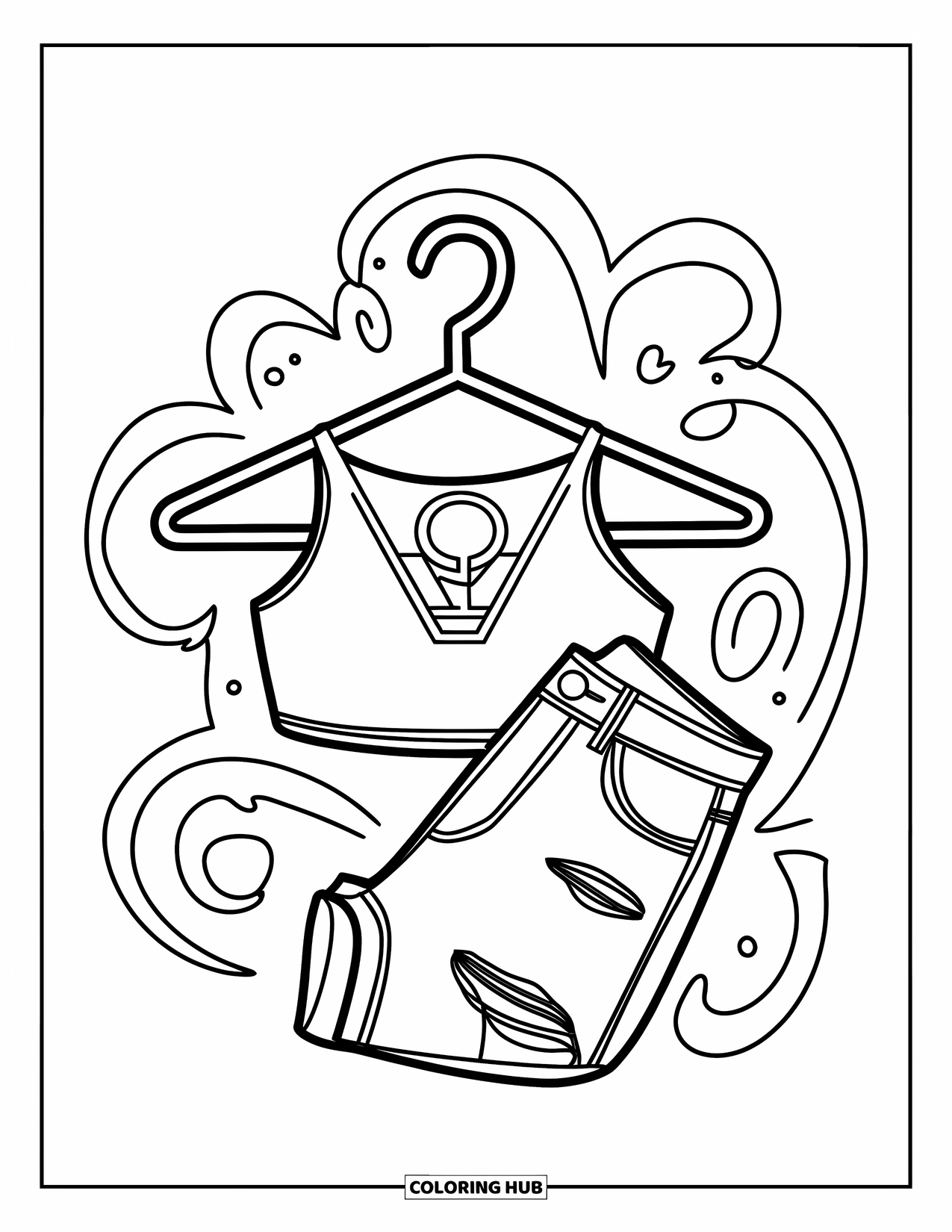 Y2K Coloring Page for Kids: Crop top with a big logo and ripped jeans hang from a swirly hanger