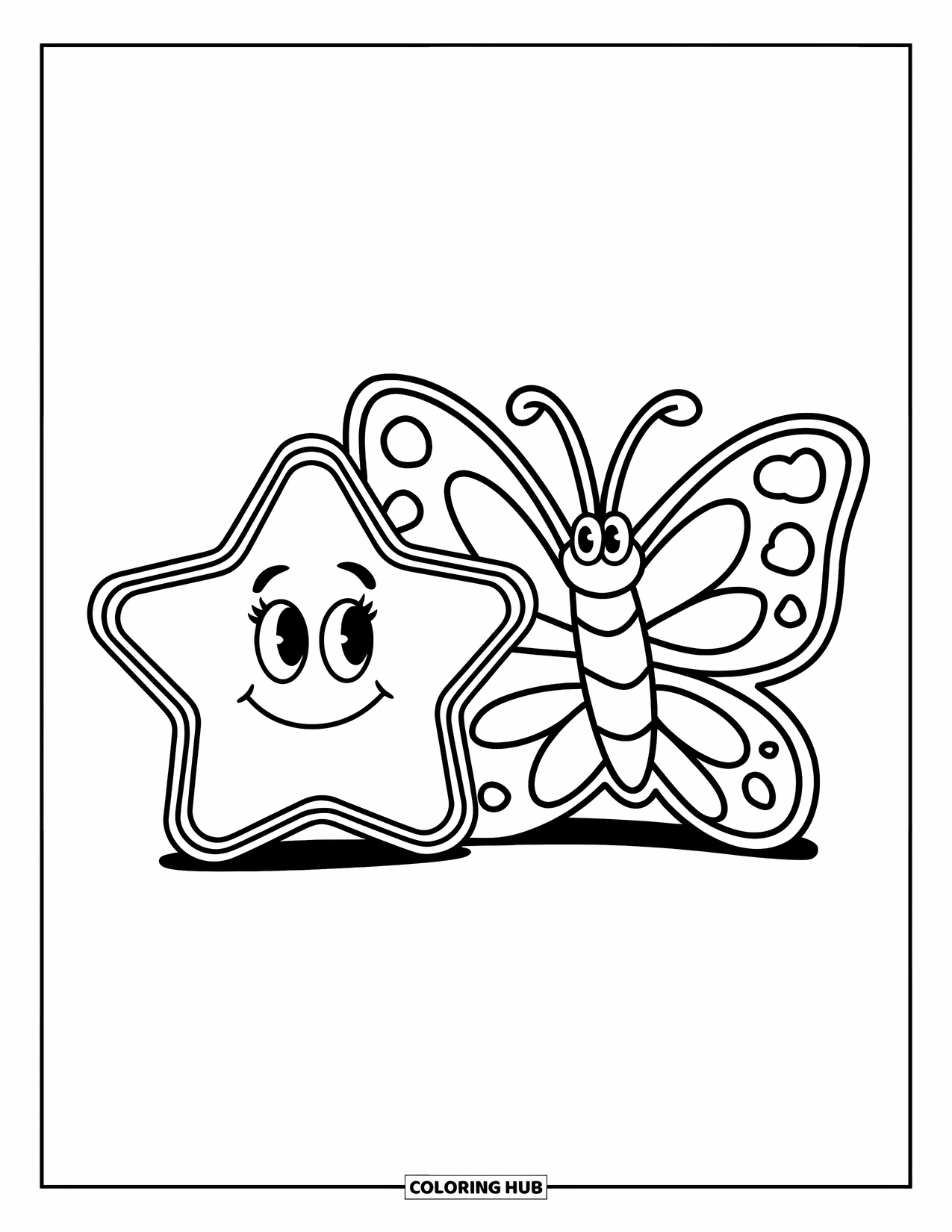 Y2K Coloring Page for Kids: Cute butterfly clip with big eyes and a smiley star mirror side by side