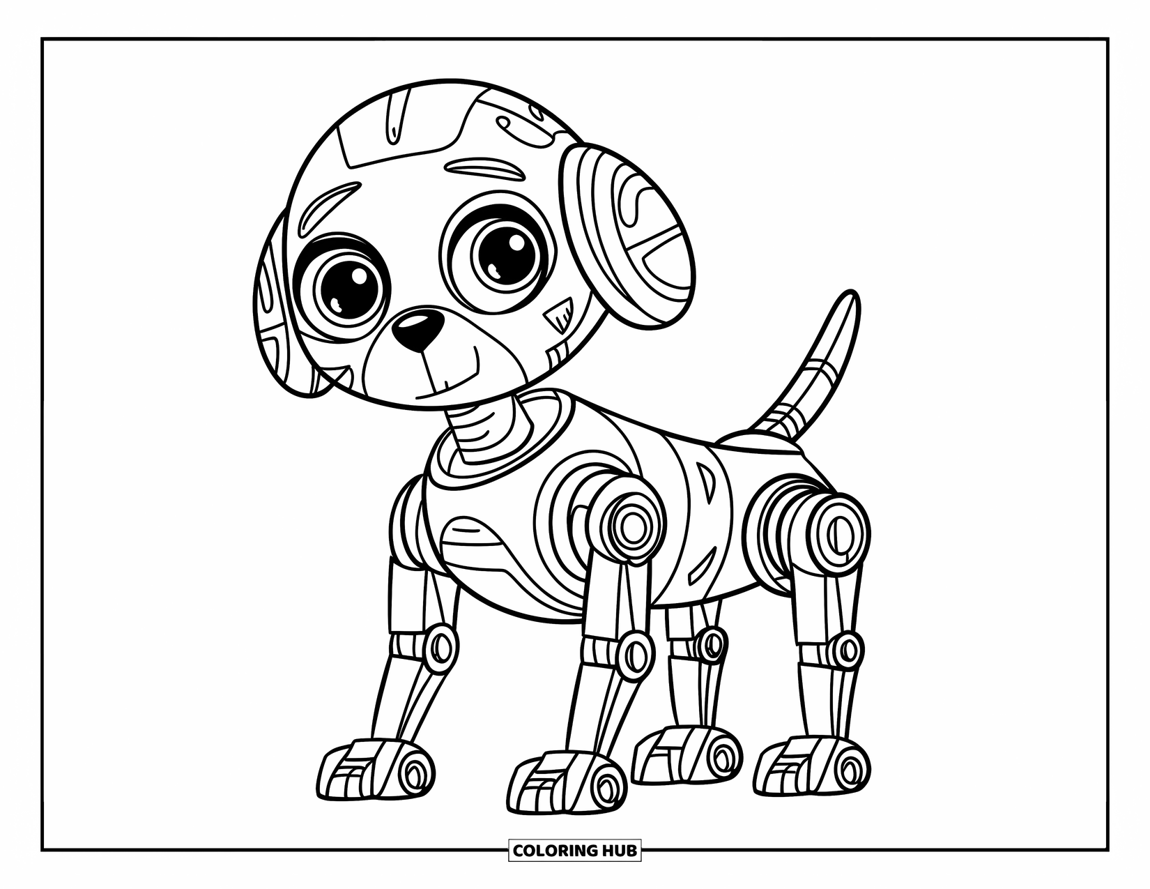 Y2K Coloring Page for Kids: Cute robot pet dog with round eyes, wagging tail, and little mechanical details