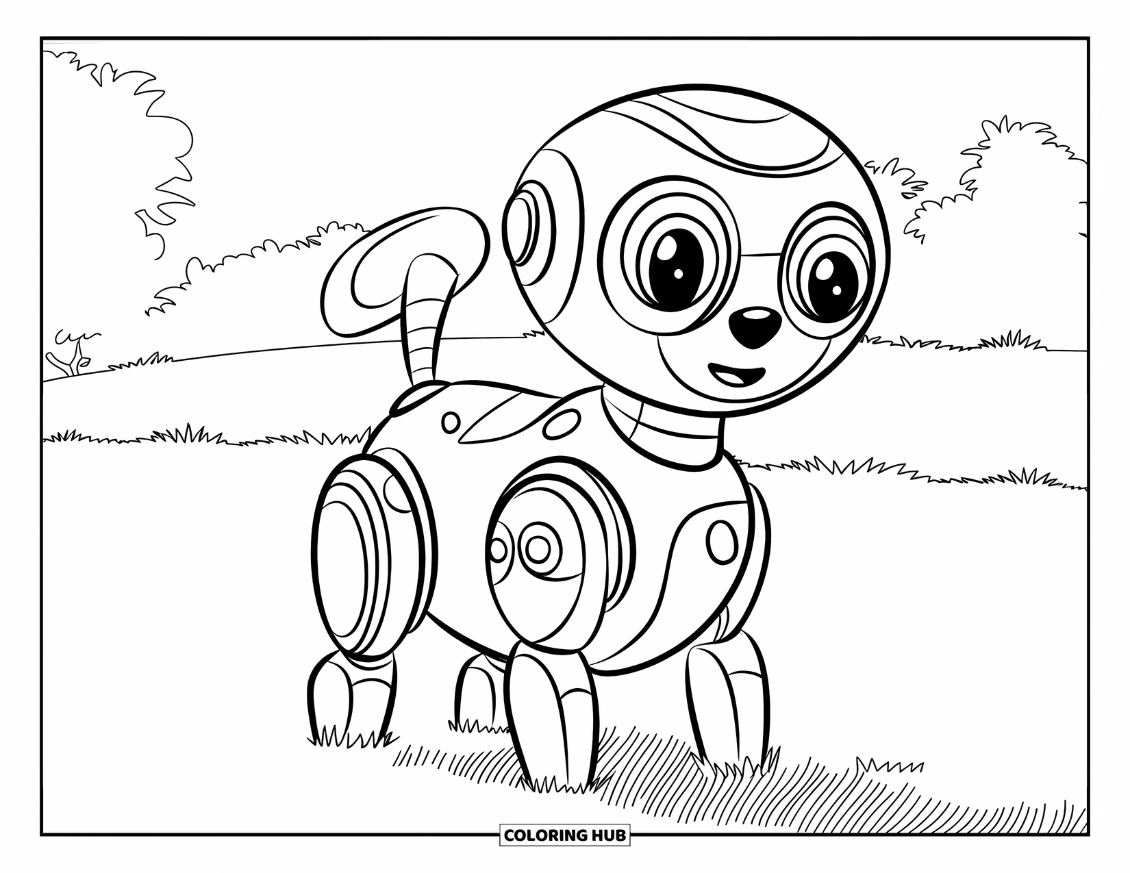 Y2K Coloring Page for Kids: Friendly robot dog with a wagging tail standing in the grass near trees