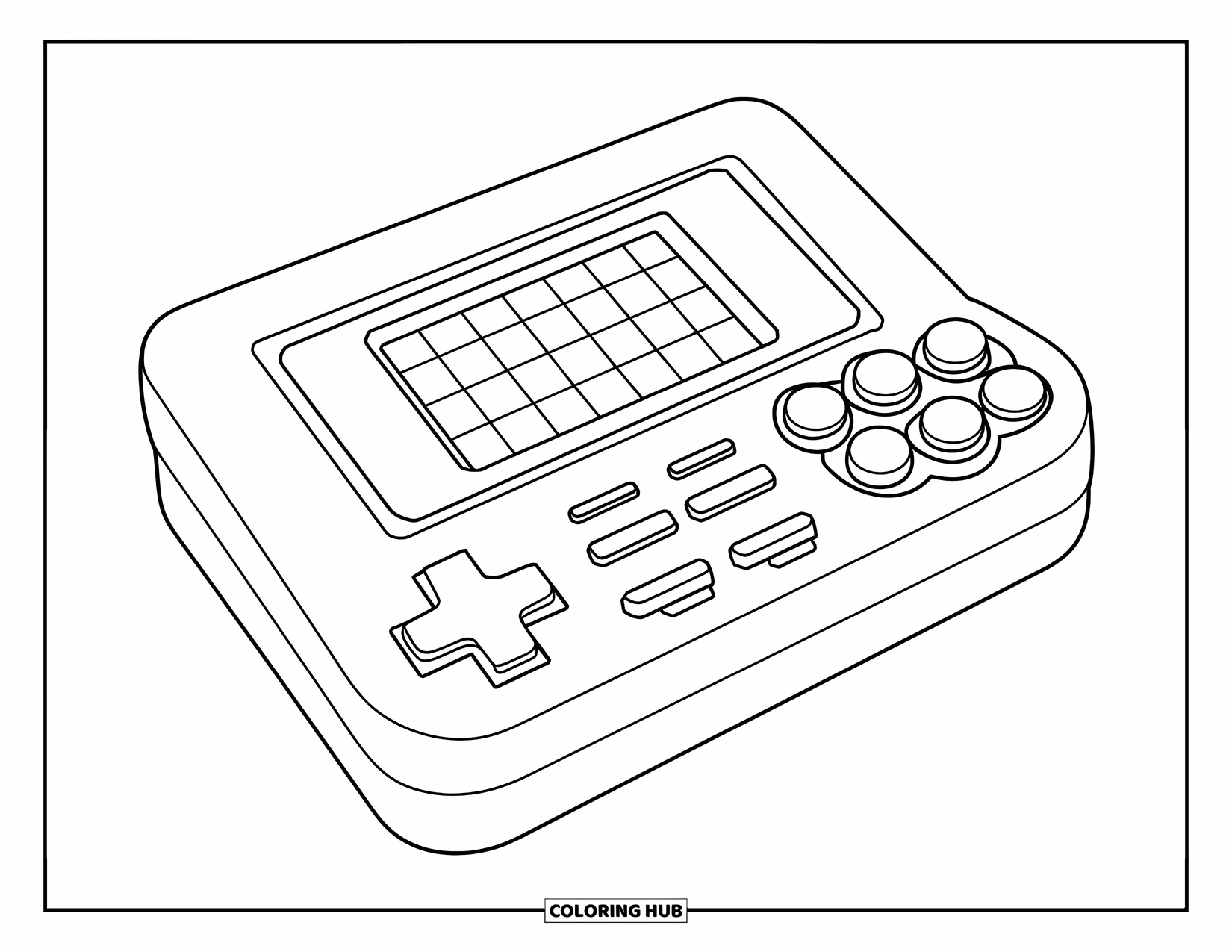 Y2K Coloring Page for Kids: Handheld game console with big buttons and a checkered screen in a fun, chunky shape