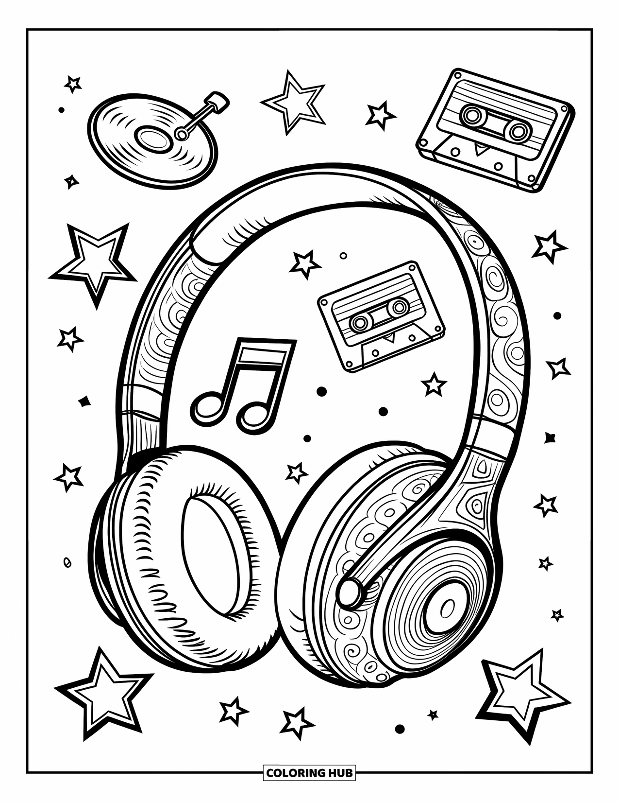 Y2K Coloring Page for Kids: Headphones surrounded by floating records, cassettes, stars, and fun music icons