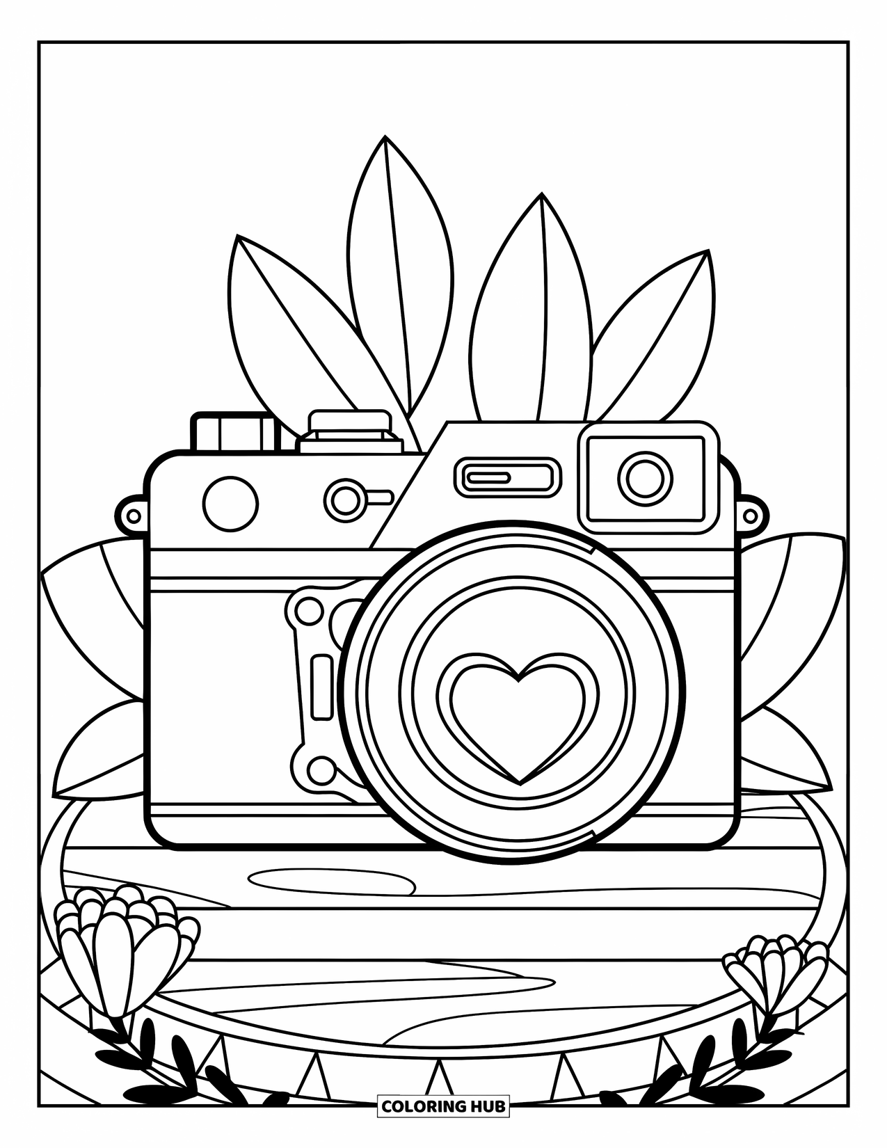 Y2K Coloring Page for Kids: Heart-lens camera surrounded by flowers and leaves on a cozy wooden platform