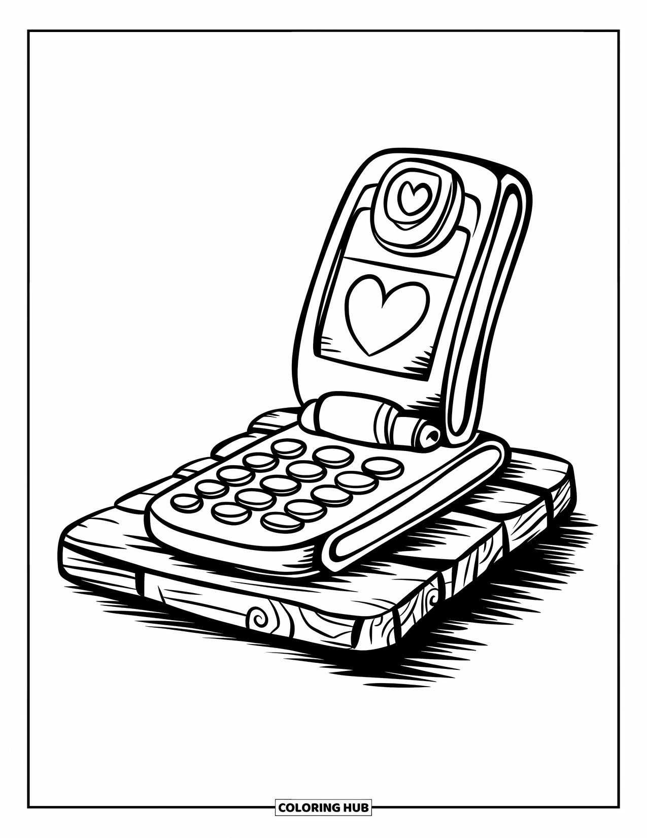 Y2K Coloring Page for Kids: Heart-sticker flip phone resting on a wooden plank with a cozy feel
