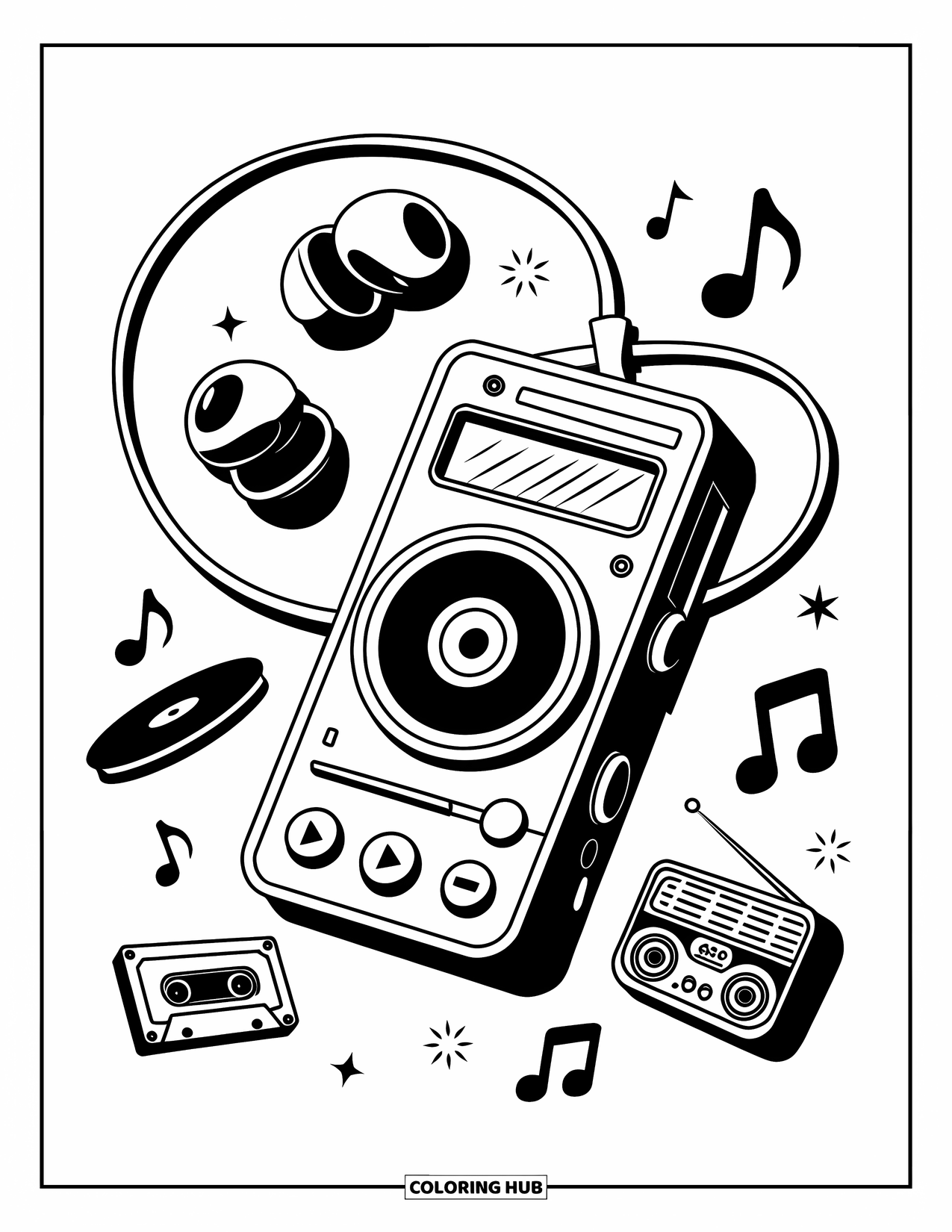 Y2K Coloring Page for Kids: MP3 player with wrapped earbuds surrounded by music icons like tapes and radios