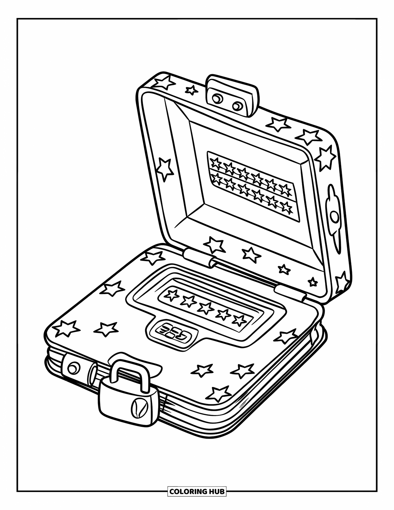 Y2K Coloring Page for Kids: Open Y2K diary showing a screen, password icon, and star-covered lock