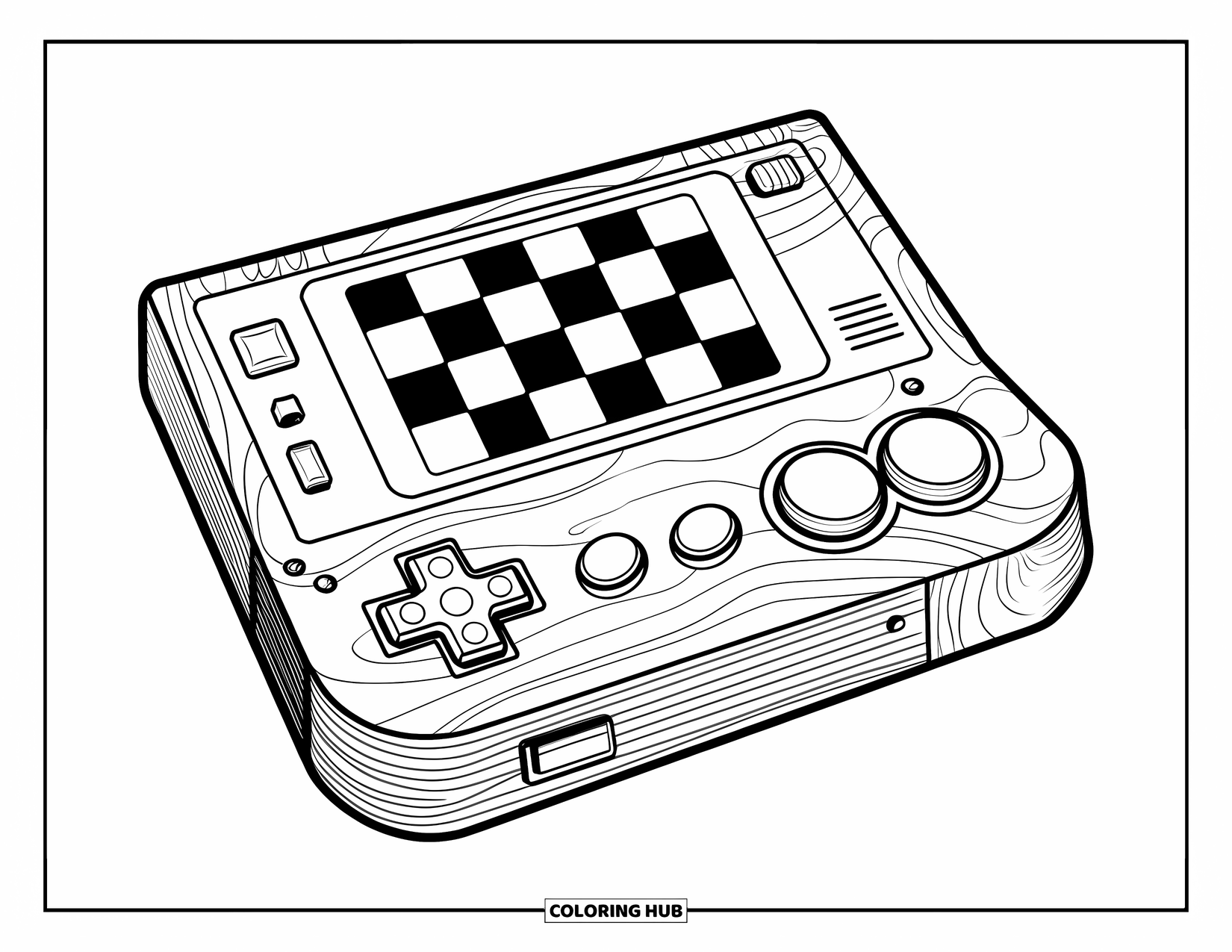 Y2K Coloring Page for Kids: Retro game console with a checkered screen, wood details, and bold buttons