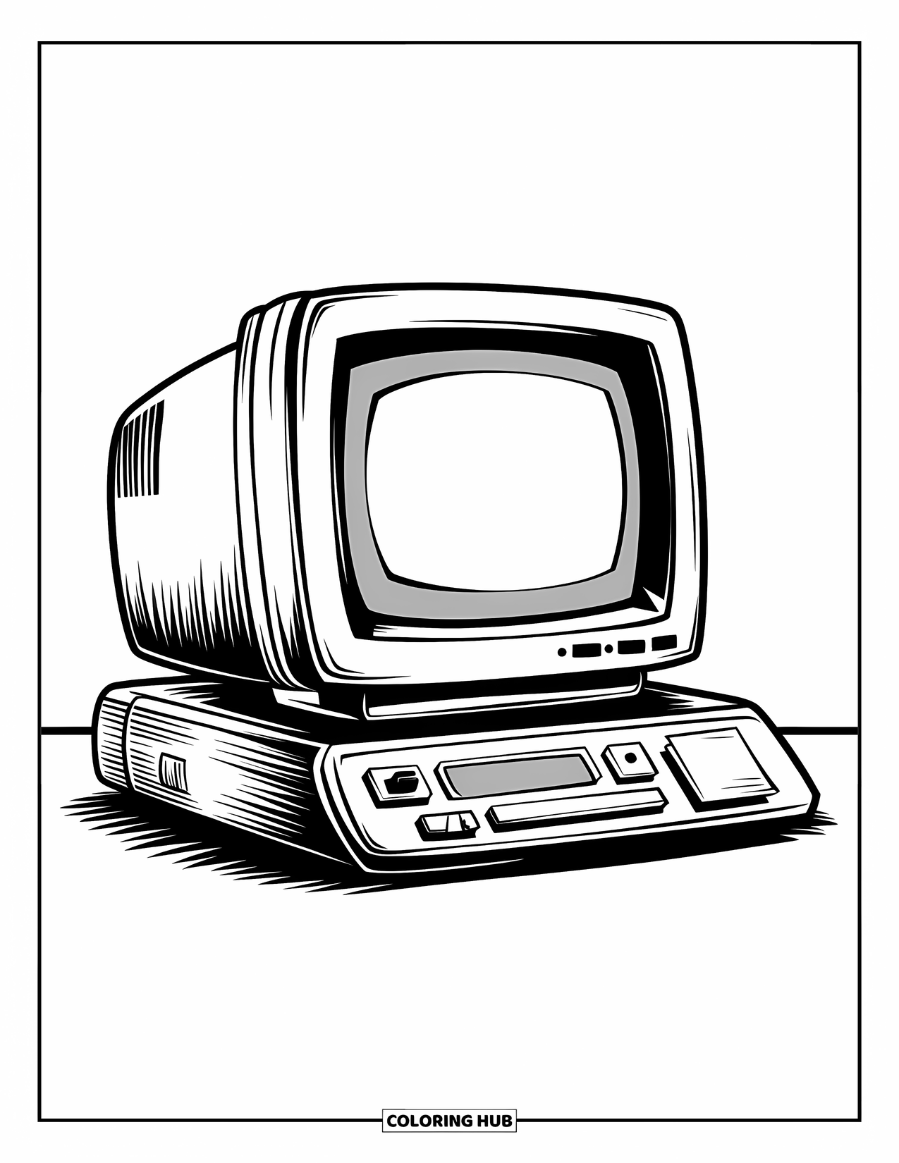 Y2K Coloring Page for Kids: Retro-style monitor with folders, trash bin, and a small wooden cabinet base