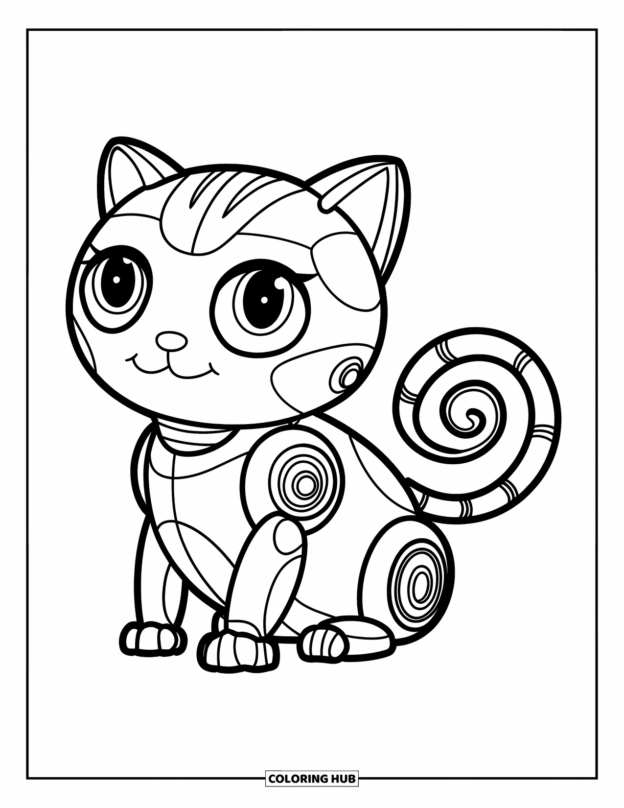 Y2K Coloring Page for Kids: Robot cat with big eyes, curled tail, and little legs