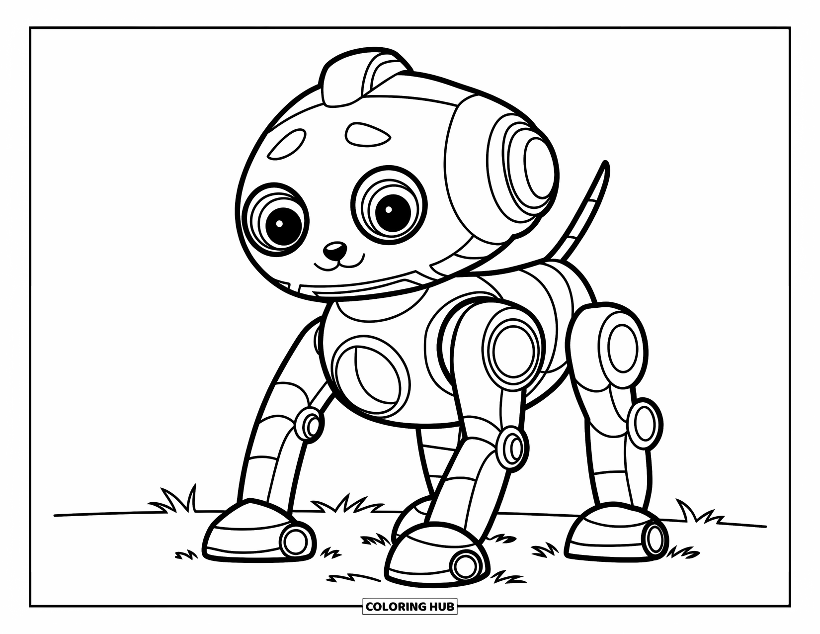 Y2K Coloring Page for Kids: Robot dog with big eyes and a wagging tail happily standing in a grassy field