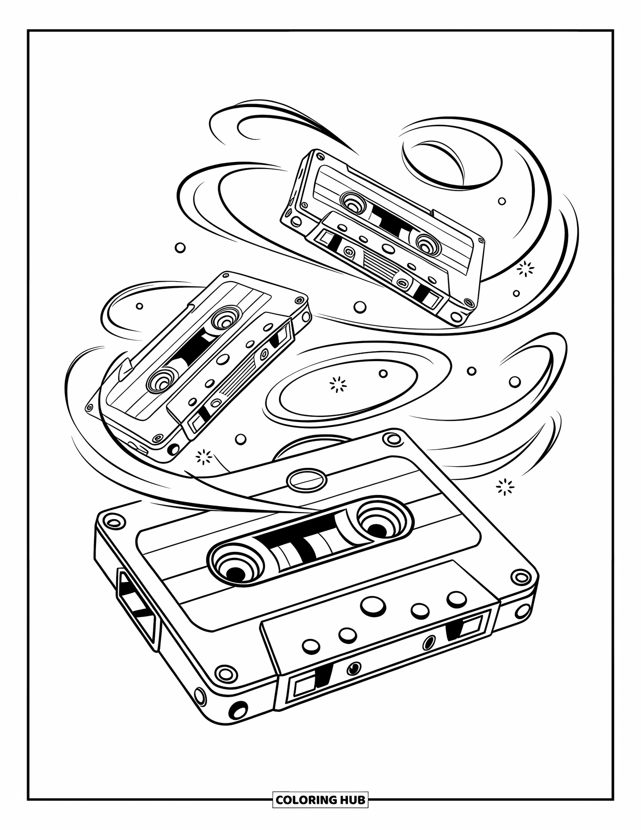Y2K Coloring Page for Kids: Round cassette player with swirls and tape reels drifting above it