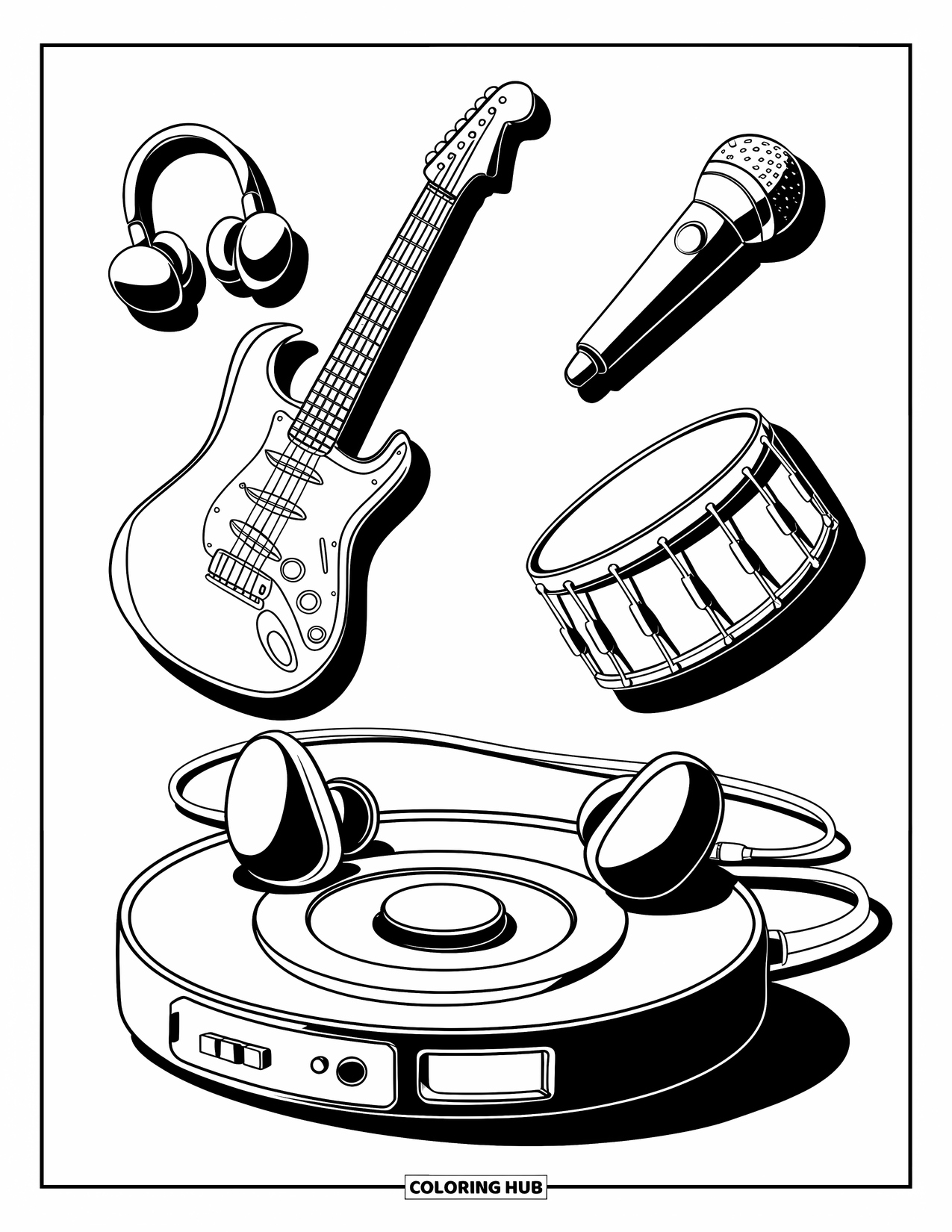 Y2K Coloring Page for Kids: Round MP3 player with earbuds and expressive music icons like drums and guitars