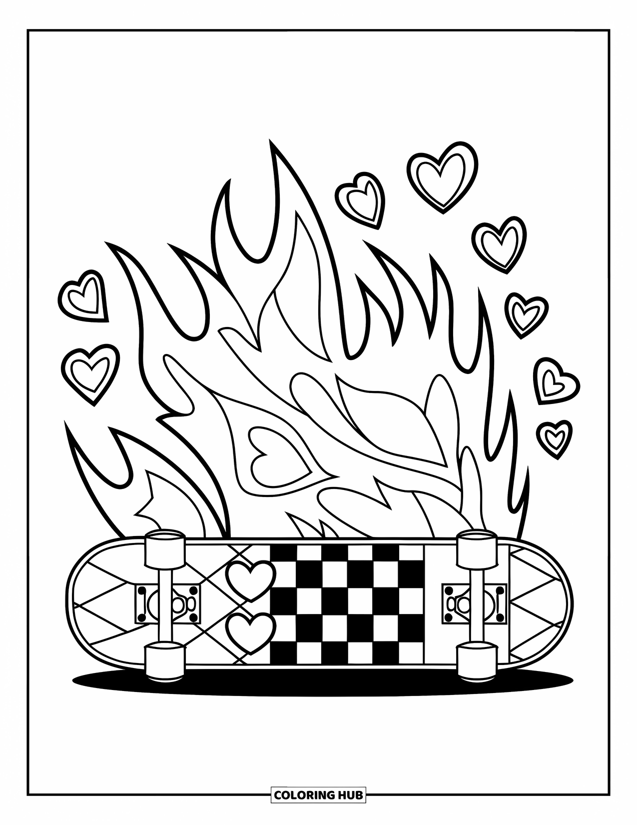 Y2K Coloring Page for Kids: Skateboard with curved flames, bold checkers, and hearts arranged in an eye-catching design