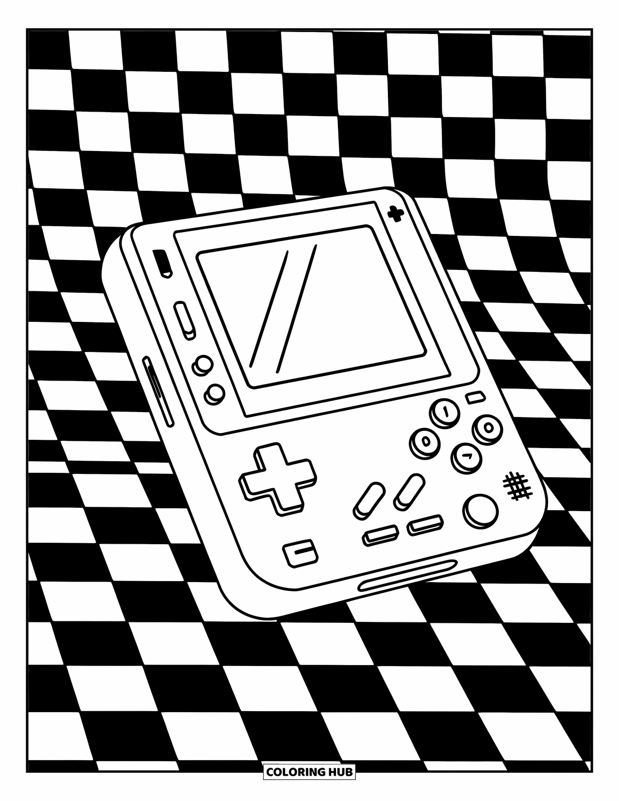Y2K Coloring Page for Kids: Square handheld game device with a circular screen and checker pattern