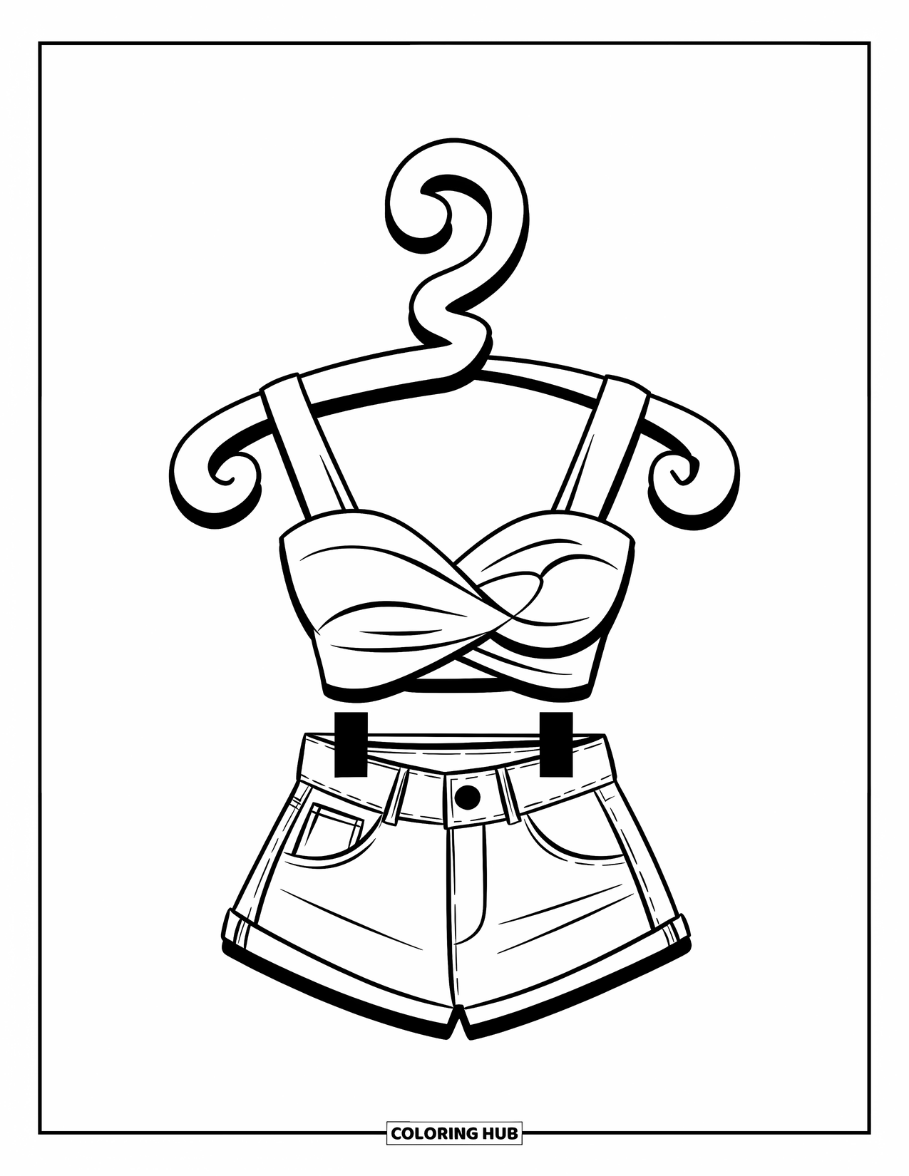 Y2K Coloring Page for Kids: Stylish crop top and jeans on a decorative hanger with swirl accents