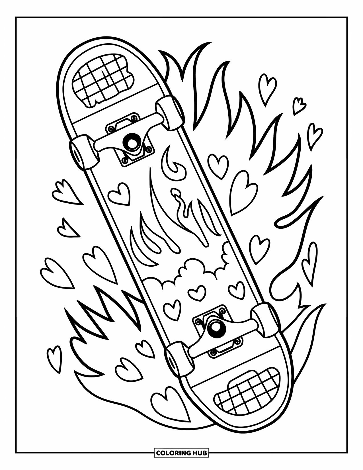 Y2K Coloring Page for Kids: Stylish skateboard with bold patterns-flames, checkers, and hearts in a playful layout