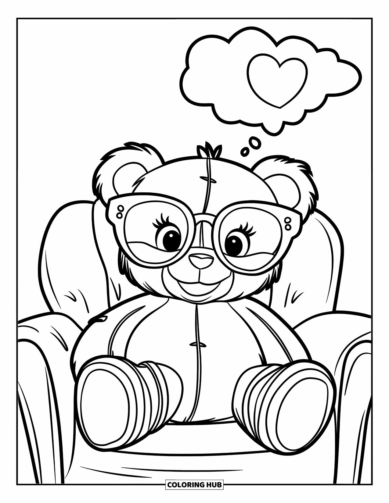 Y2K Coloring Page for Kids: Teddy bear in platform shoes and big glasses sits with a heart cloud above