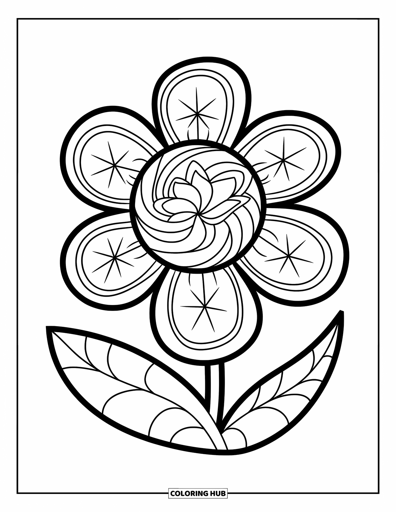 Y2K Coloring Page for Kids: Thick-stemmed flower with swirls and stars inside each petal, sitting on a leaf
